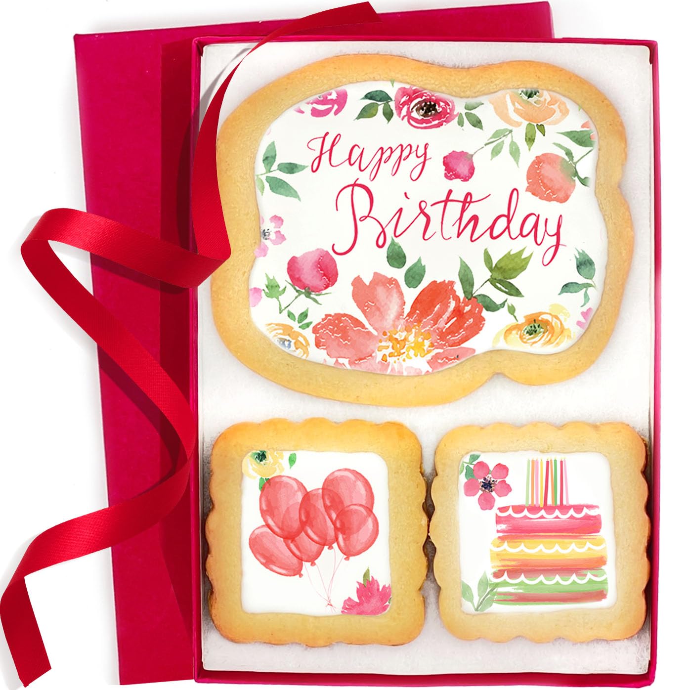 Happy Birthday Cookies Gift Basket For Women and Girls Her Decorated Sugar Cookie Gift Box Floral | Nut Free | 3 Pack | Kosher