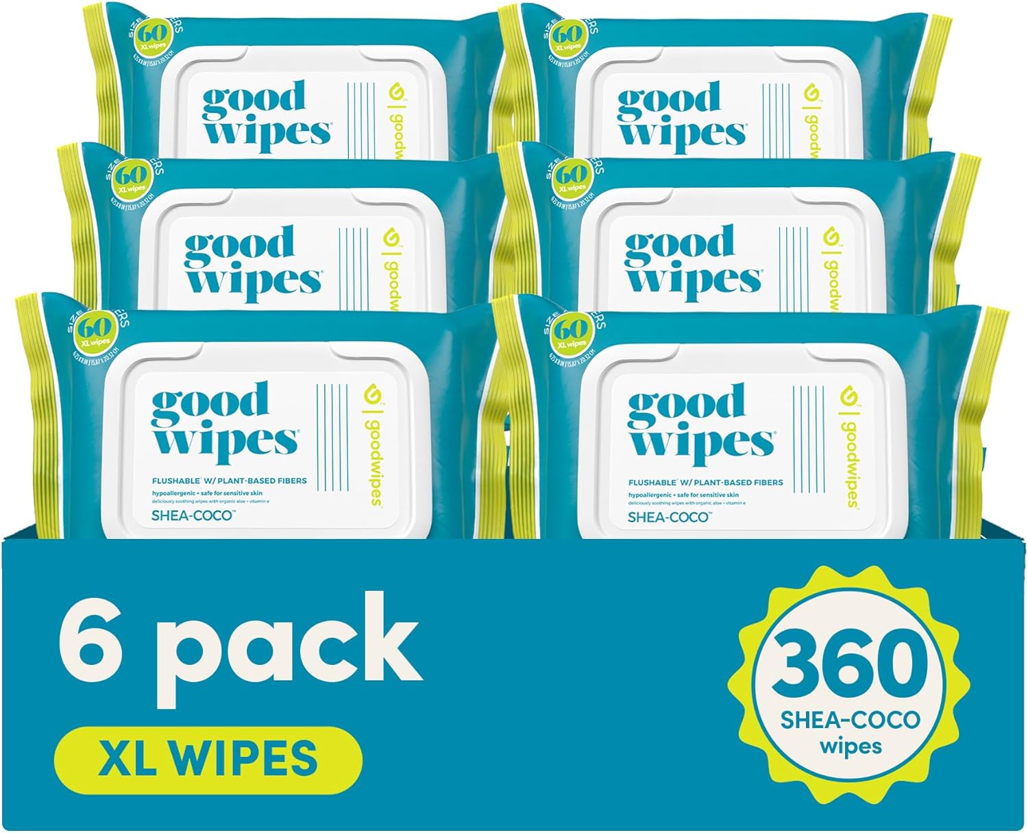 Goodwipes Flushable Butt Wipes Made with Vitamin E & Aloe - Soft & Gentle Wet Wipe Dispenser for Home Use, Septic & Sewer Safe - Largest Adult Toilet Towelettes - Shea Coco, 360 Count (6 Packs)