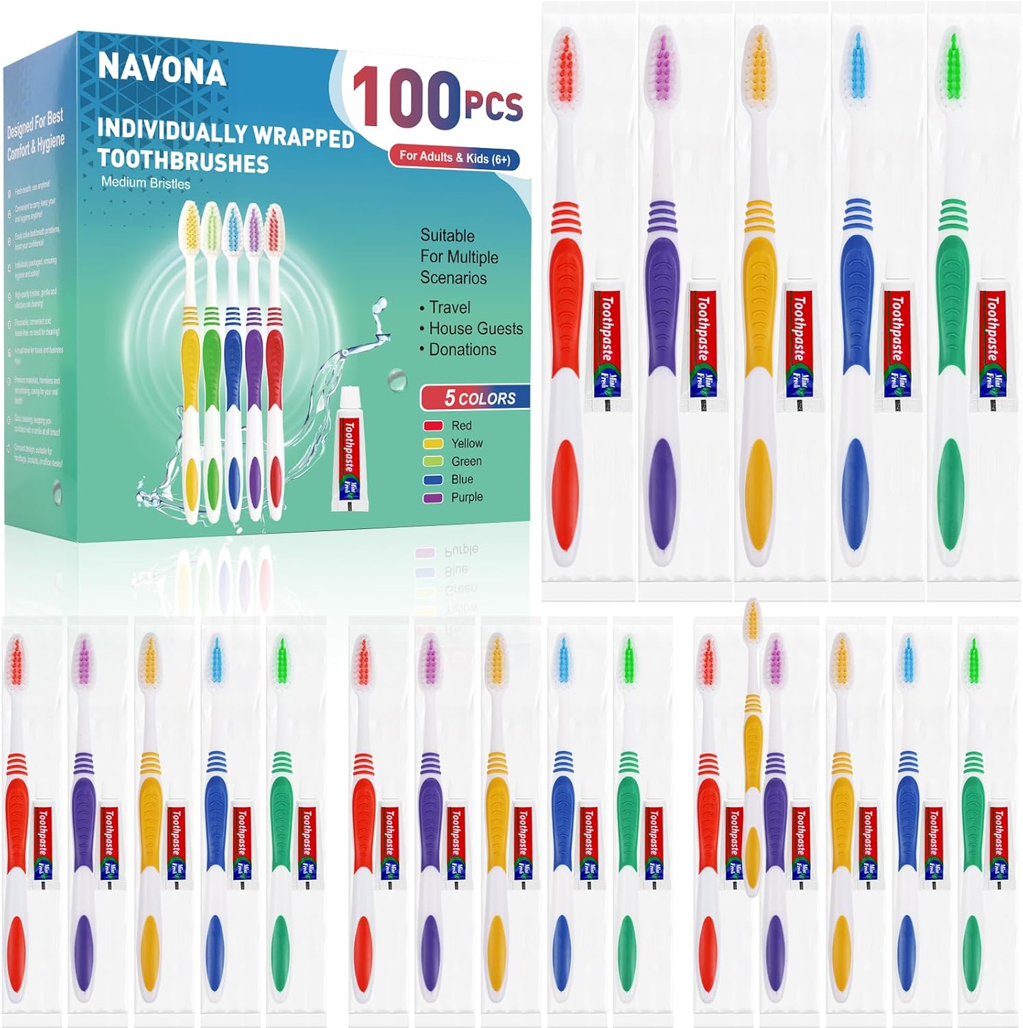 Navona 100 PCS Disposable Toothbrush with Toothpaste Bulk, Travel Toothpaste, Bulk Toothpastes, Individually Wrapped Bulk Toothbrush, Ergonomics Handle,Medium Soft Bristle, Perfect for Travel, Hotel