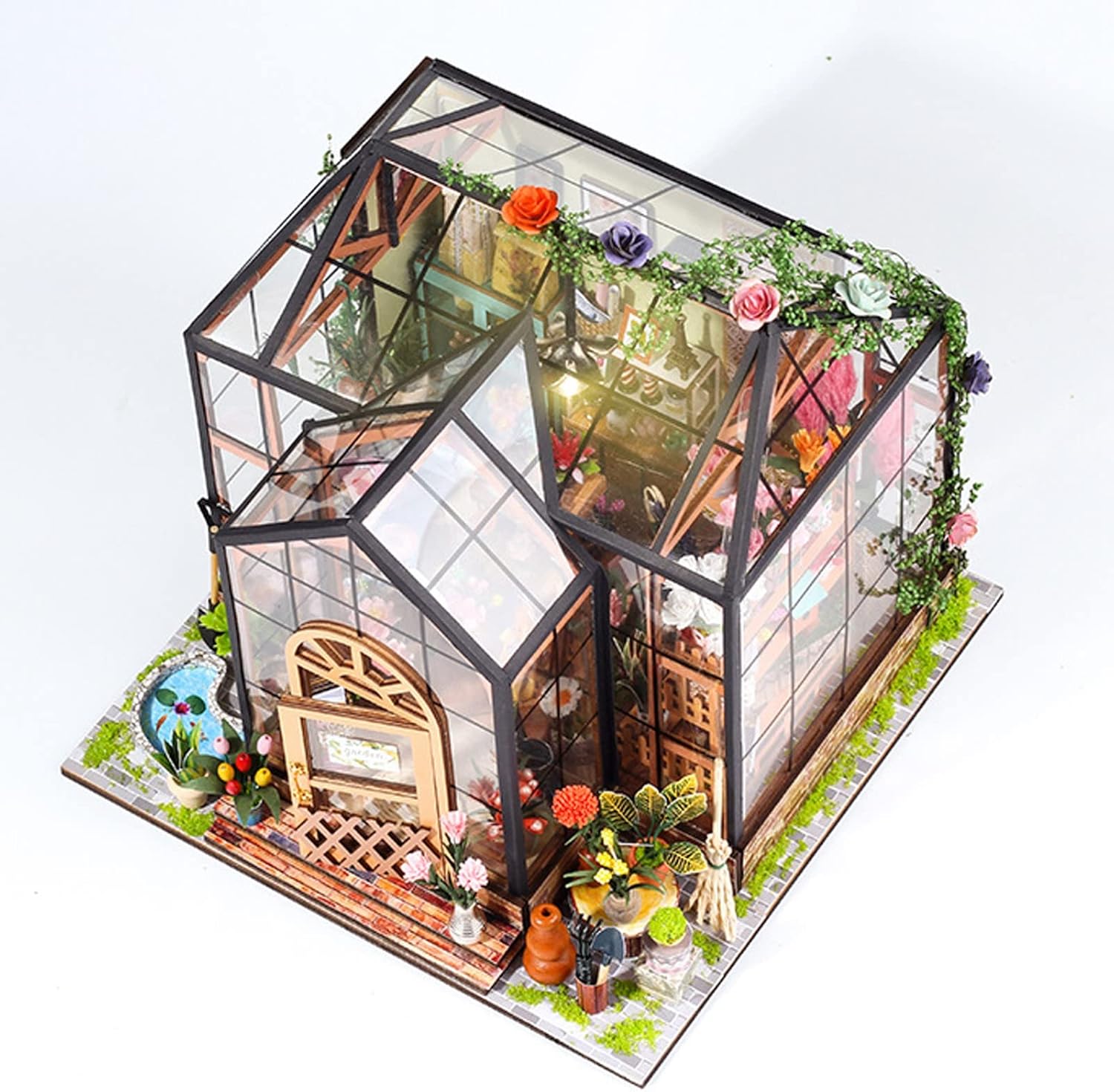 Tnfeeon DIY Miniatures Dollhouse Kit Miniature Greenhouse DIY Craft Kits for Adult to Build Tiny House Model Halloween Christmas Decorations Birthday Gifts for Family Friends
