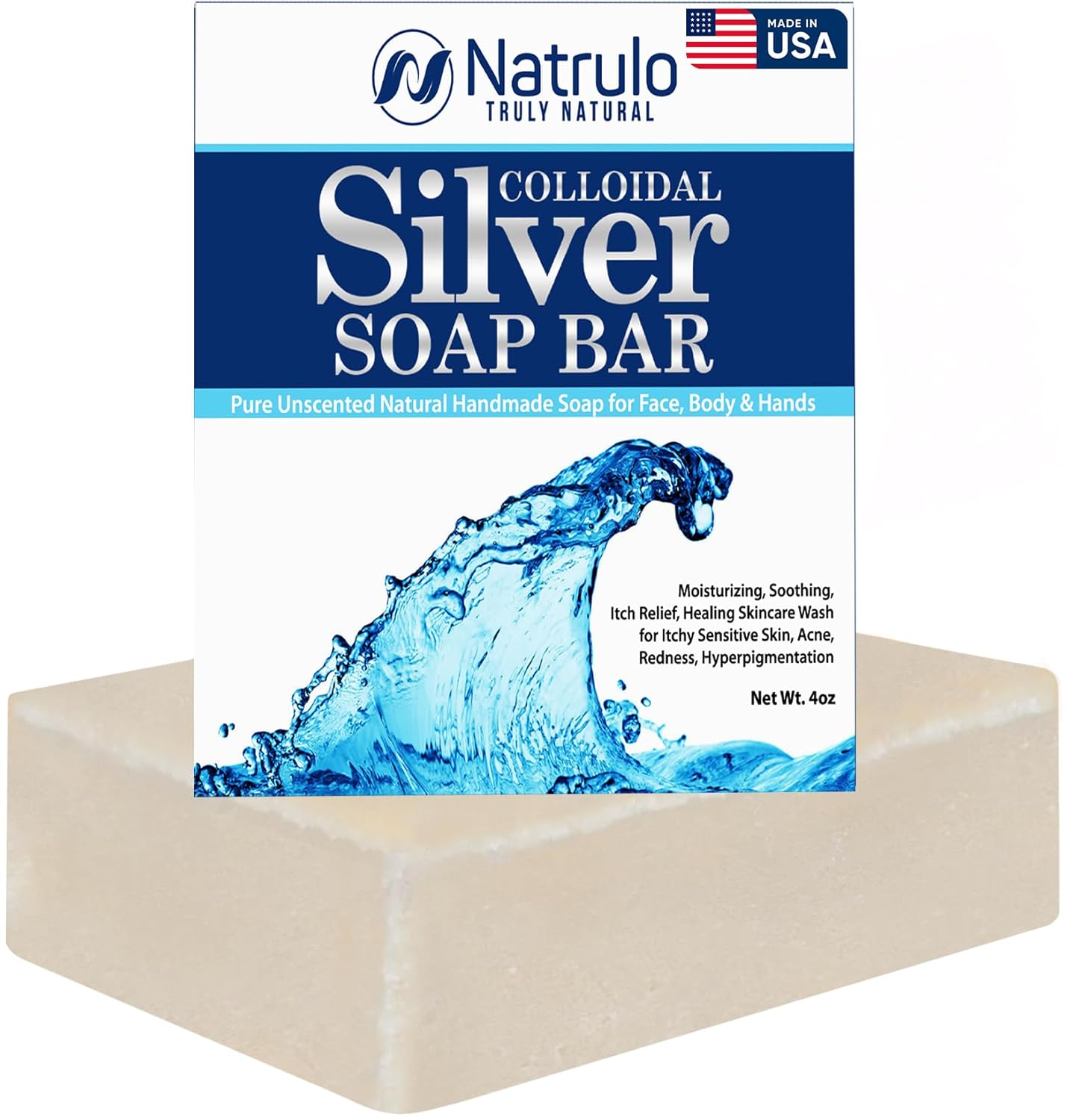 Colloidal Silver Soap Bar, 4oz Unscented – Natural Handmade in USA Pure Cleanser for Face, Body & Hands – Cleansing, Moisturizing, Soothing Itch Relief Wash for Sensitive Skin, Acne, Hyperpigmentation