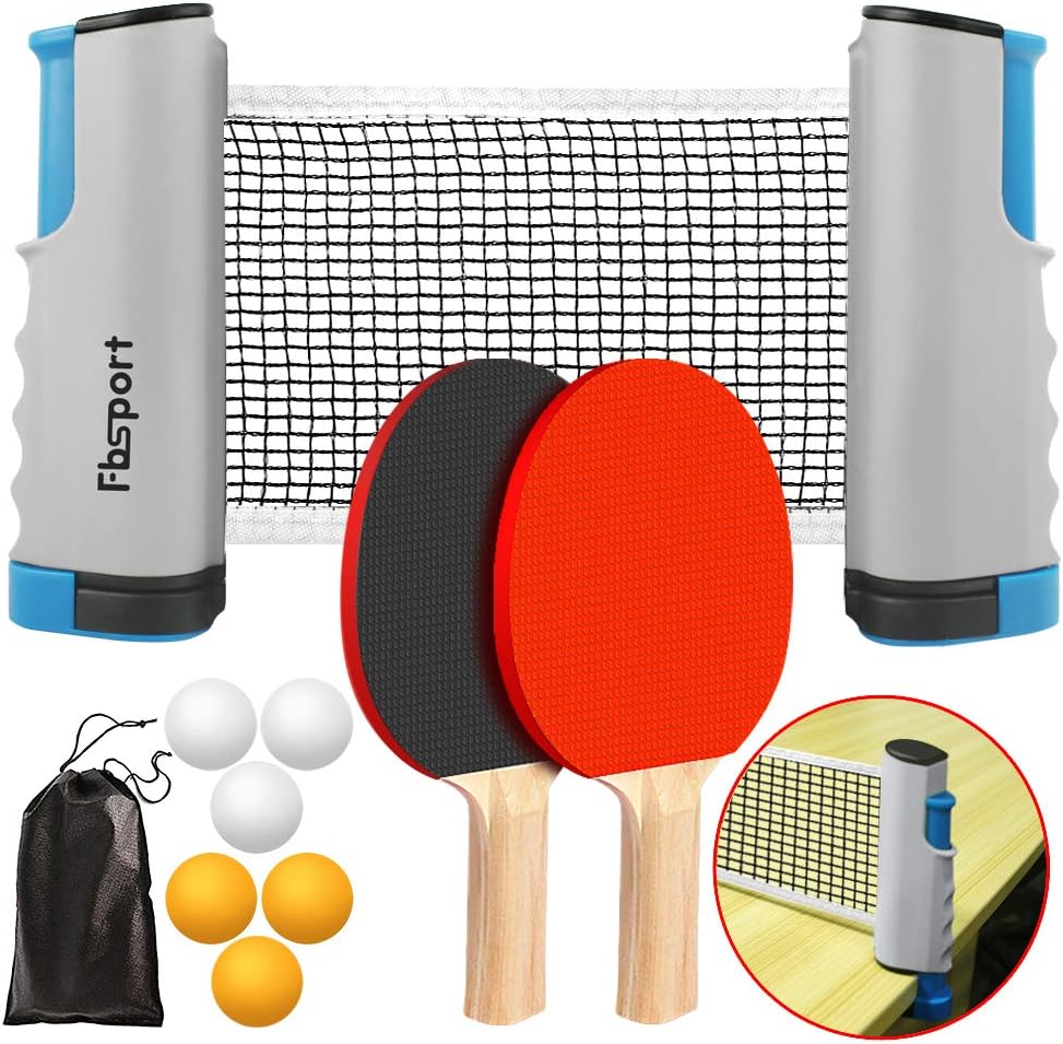 FBSPORT Ping Pong Paddle Set, Portable Table Tennis Set with Retractable Net,Rackets,Balls and Carry Bag for Indoor/Outdoor Games