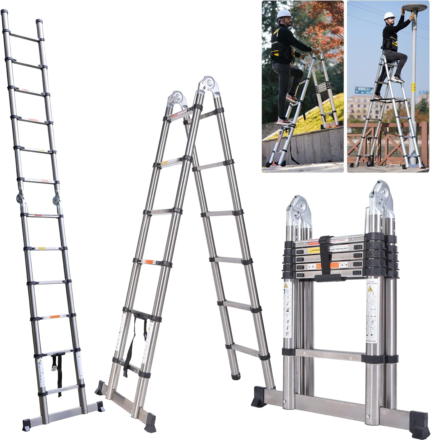 Telescopic Folding Ladder 1.9M+1.9M Multi Purpose Collapsible Concertina Loft Ladders, Stainless Steel A-Frame Ladder Heavy Duty Sturdy Straight Ladders, Maximum Height 12.5FT/ 3.8M