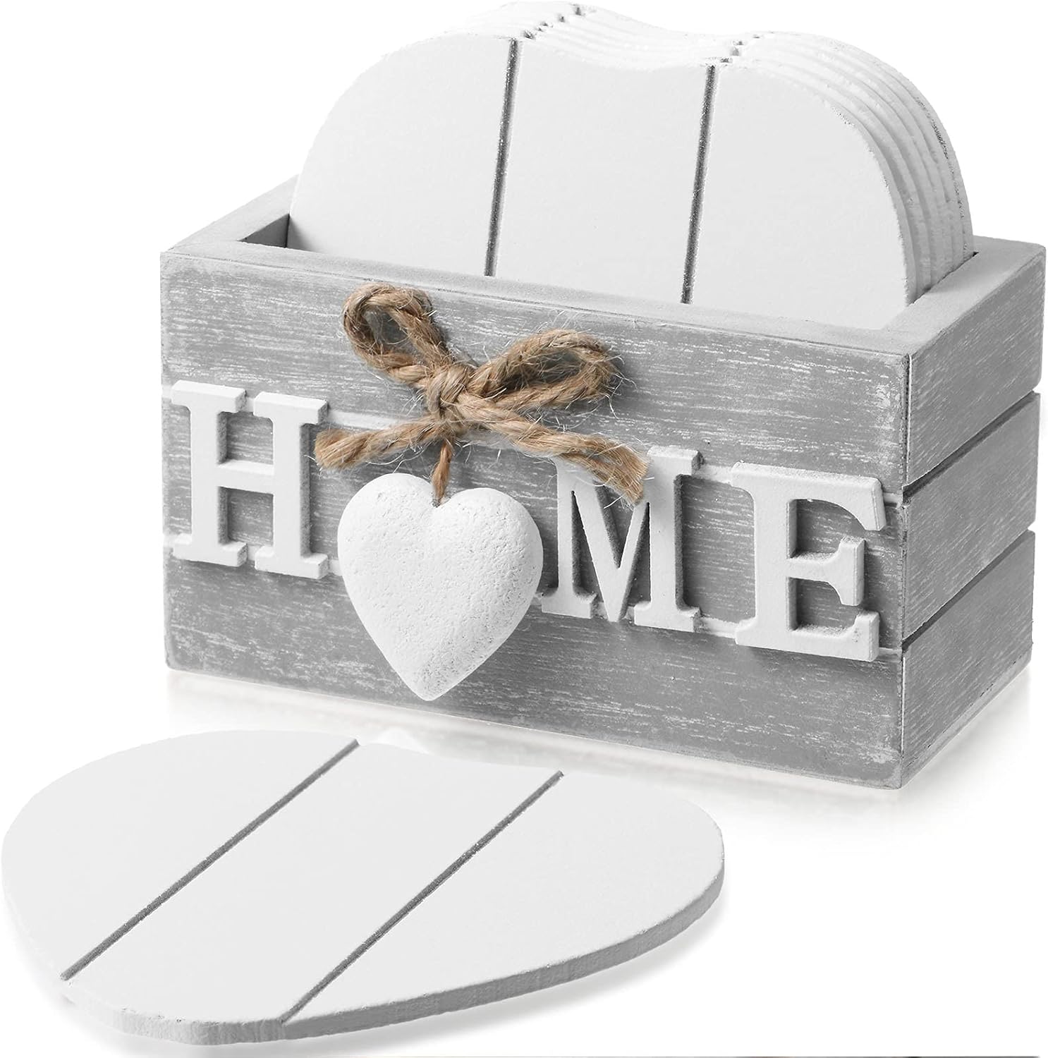 Heartwood Drink Coasters Set of 6, Farmhouse Style with Holder, Funny Designs for Coffee Table Protection, Perfect Housewarming Gifts for New Home Decoration, 4 Inch (Grey,Home)