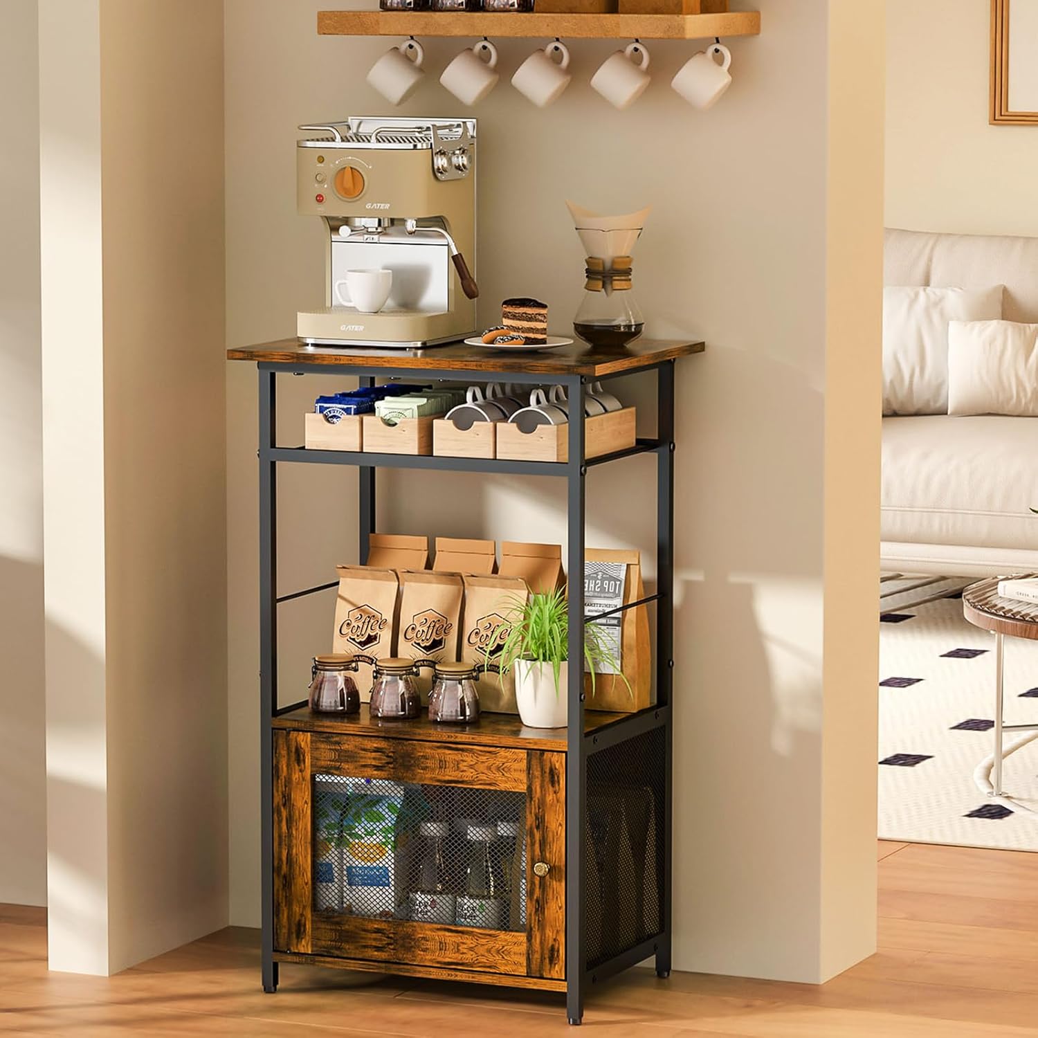 X-cosrack Coffee Bar Station, 3-Tier Small Coffee Stand Station with Storage, Farmhouse-Style Kitchen Microwave Stand Featuring 1-Door Cabinet for Living Room, Entryway, Kitchen
