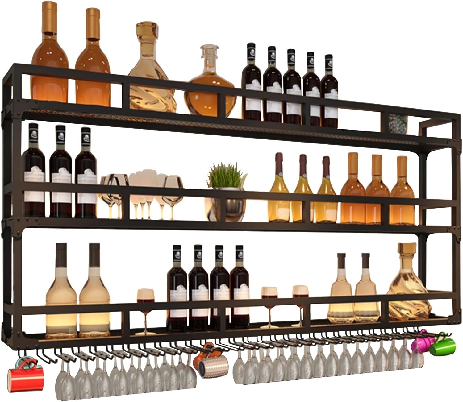 Wall Wine Rack Floating Bar Shelves Wall Mounted with LED Light Liquor Bottle Display Shelf with Hanging Wine Glass Rack Kitchen Wall Shelf Liquor Cabinet Bar Stand for Home Bar Cafe Restaurant(Black,