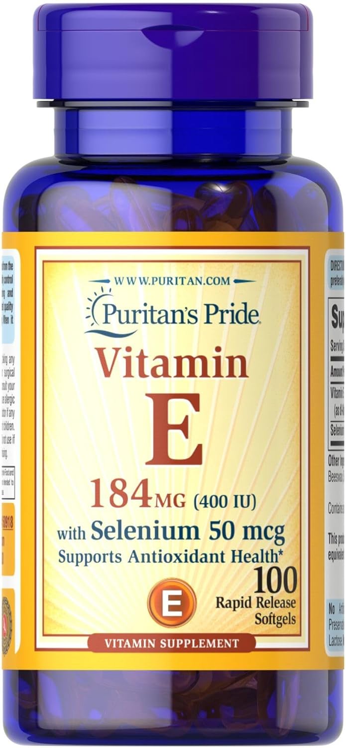Puritan's Pride Vitamin E 184mg (400 IU) with Selenium 50mcg, Vitamin Supplement For Immune System and Antioxidant Health Support, 3 Month Supply, 100 Rapid Release Softgels