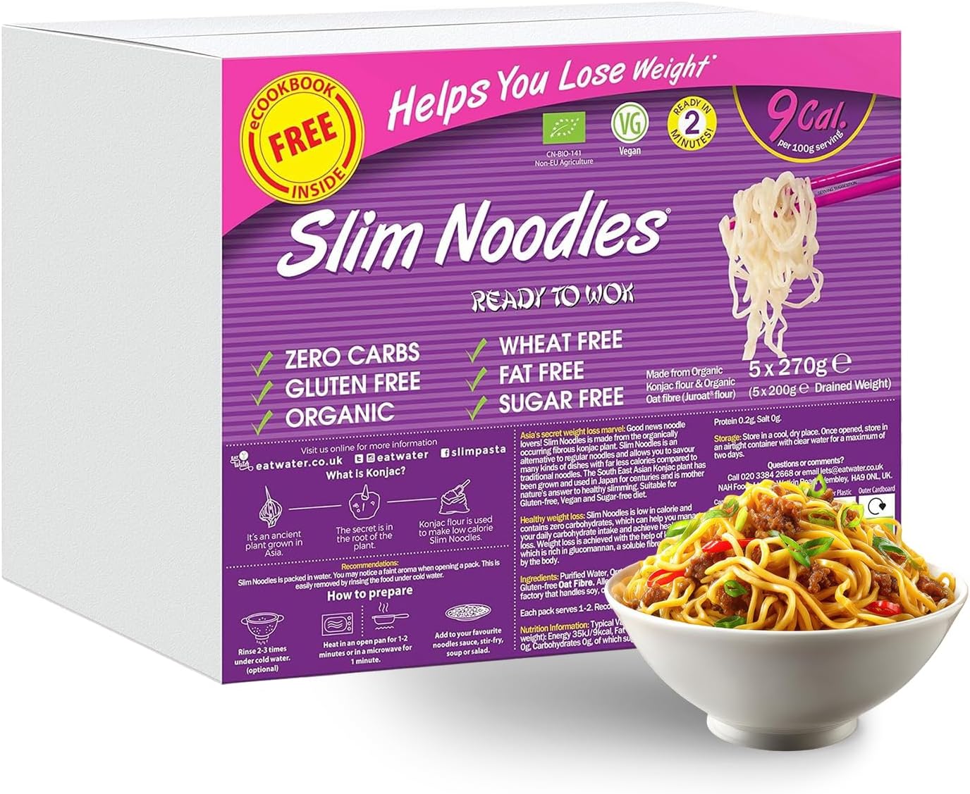 Eat Water Slim Noodles 270g (Pack of 5) – Organic Konjac Noodles, Low Calorie Food, Zero Sugar, Gluten-Free, Low Carb, Wheat-Free, Vegan, Ready to Cook Instant Meal, Plant-Based Noodle Alternative