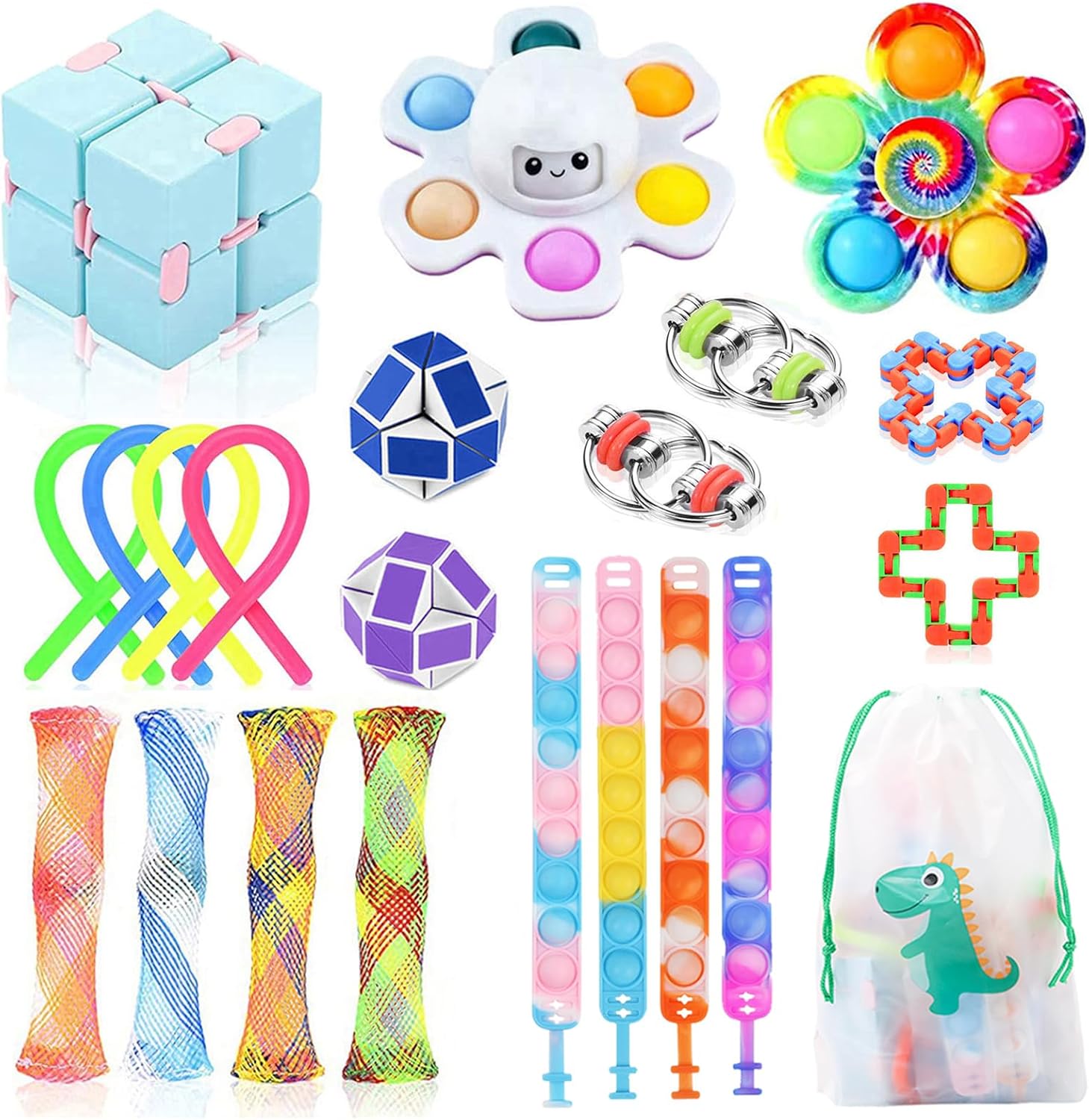22 Pcs Fidget Toys Pack for Kids and Adults, Sensory Fidget Toys Set Stress Reliever Anxiety Relief Toys, Pop it Bracelet Educational Toys Gifts with Storage Bag for Birthday Party Favour Bag