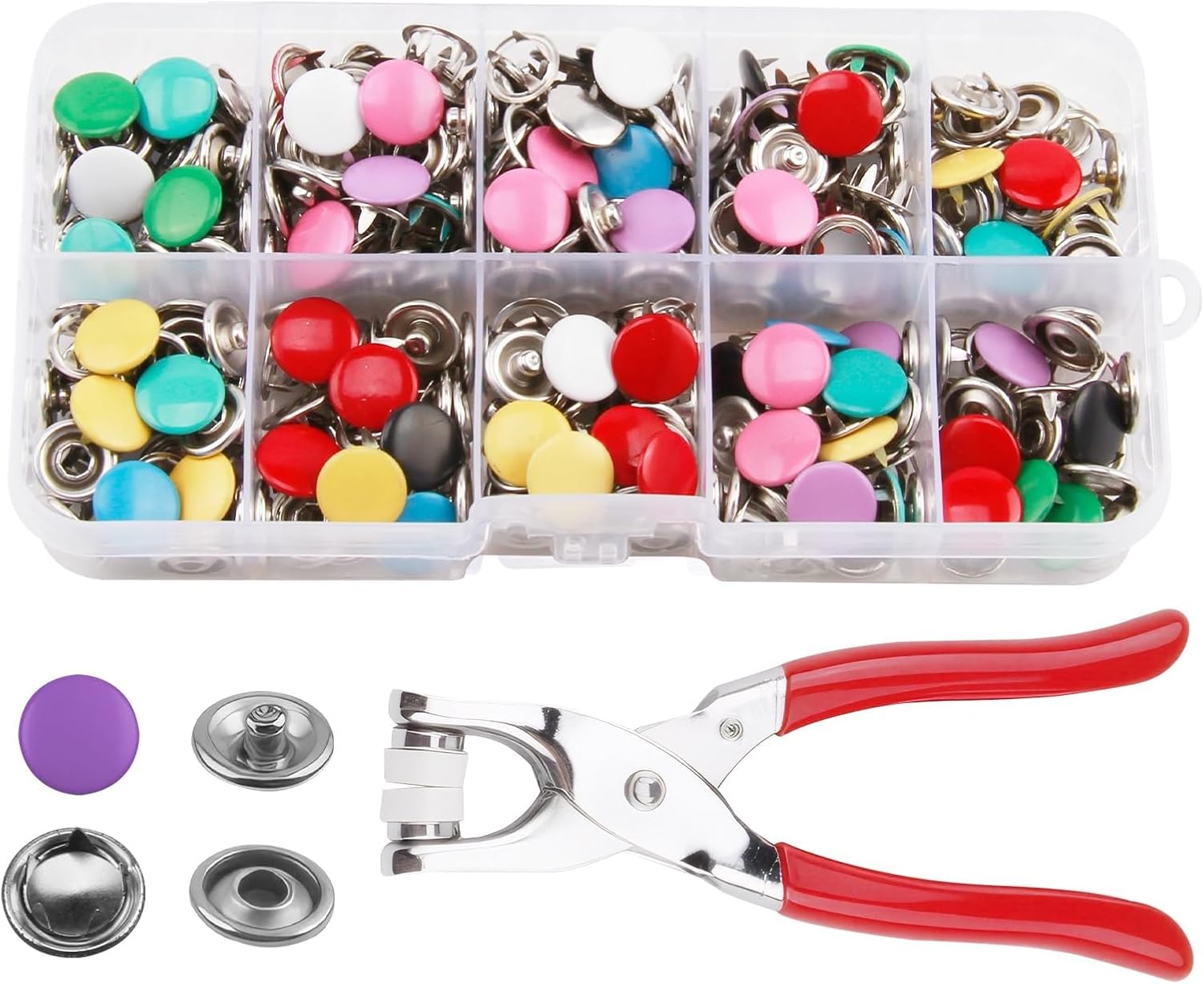 Snap Button Fastener Kit, 100 Sets Metal Poppers Press Studs Snap Fasteners with Pressure Pliers Colorful Poppers Fasteners Tool No Sewing for DIY Clothing Bags Crafts Handmade 10 Colors, 9.5mm