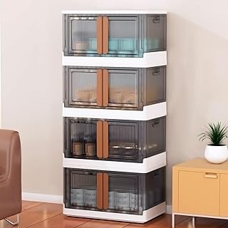 4Pack Storage Bins with Lids - 304Qt Stackable Storage Bins with Wheel Collapsible Storage Bins with Door Plastic Storage Bin for Closet Organizer Folding Storage Box for Home Kitchen Organizing