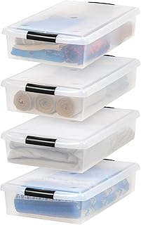 IRIS USA 40 Qt Plastic Under Bed Storage Nestable Organizer Bin Container with Secure Lids and Durable Buckles, 4-Pack, Under Bed Storage Containers for Clothes Shoes Bedding, Black/Clear