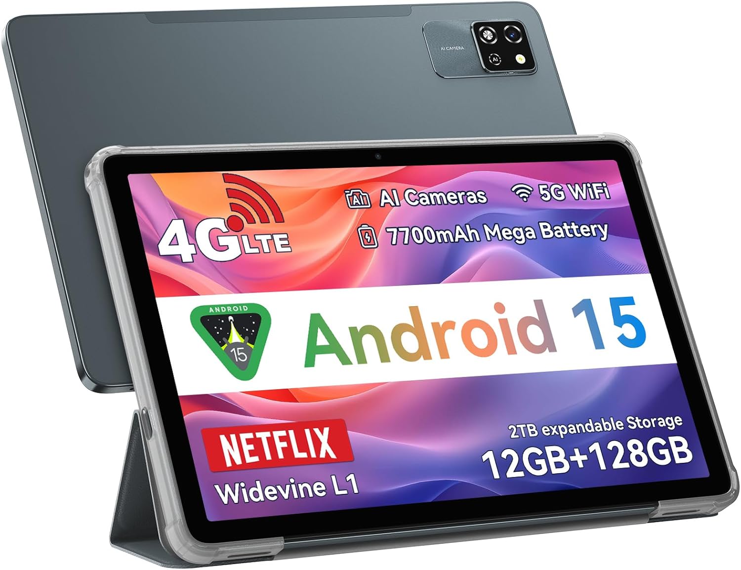 Blackview Tab60Pro Android 15 Tablet 10 Inch, 12GB+128GB(TF 2TB) 5G Wi-Fi + 4G Cellular Tablet T606 Octa-Core Processor, 7700mAh 5MP+8MP AI Camera, GPS, Widevine L1, BT5.0 Face ID, with Case