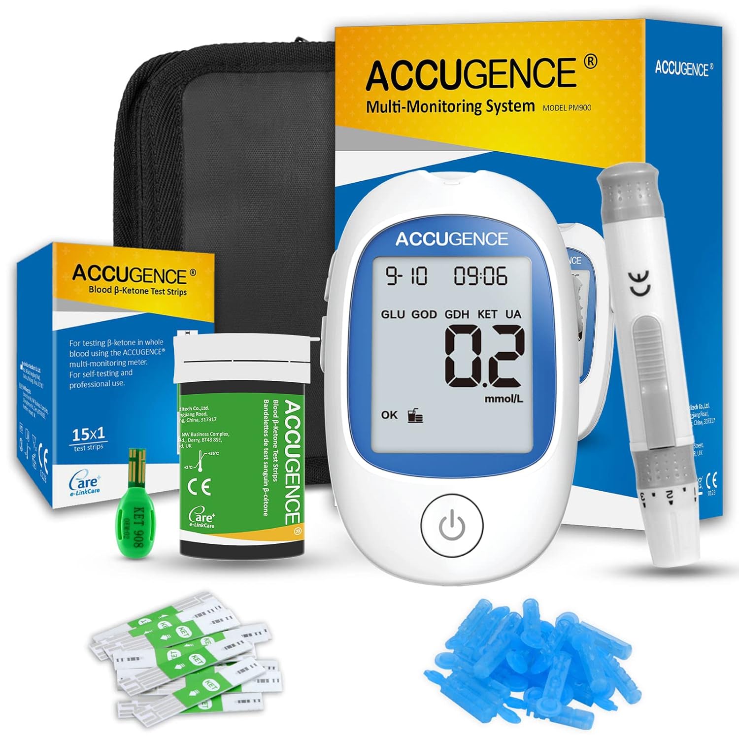 ACCUGENCE 3in1 Blood Ketone Monitor and 15 Ketone Test Strips, Blood Ketone Meter Keto Test kit for Keto Diet Testing -in mmol/L
