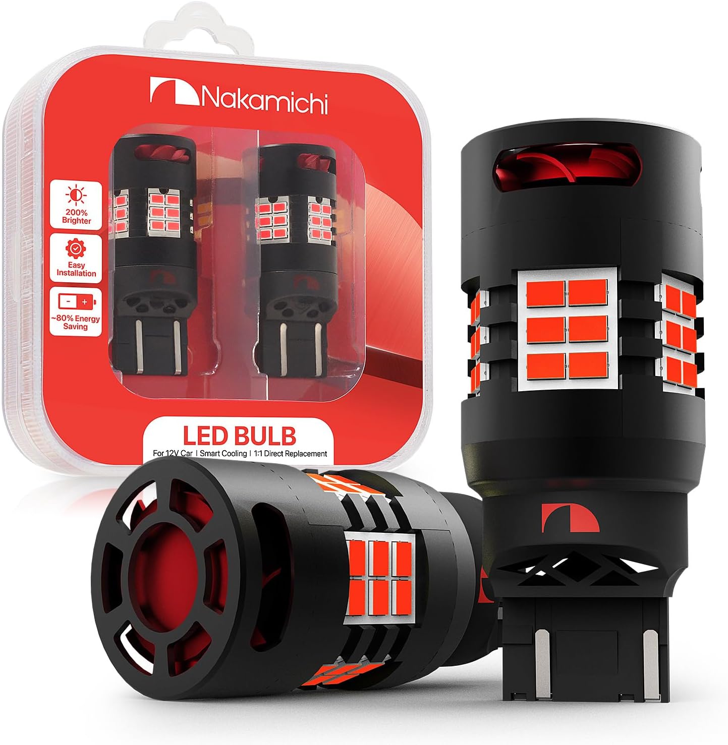 Nakamichi T20 7443 7441 7444 (W21/5W) Car LED Bulb 30-SMD 3020 Chip with Canbus Error-Free 12,000 RPM Fan for Brake Turn Signal Indicator Reverse Backup Tail Light (Monza Red, 30 LEDs, Pack of 2)