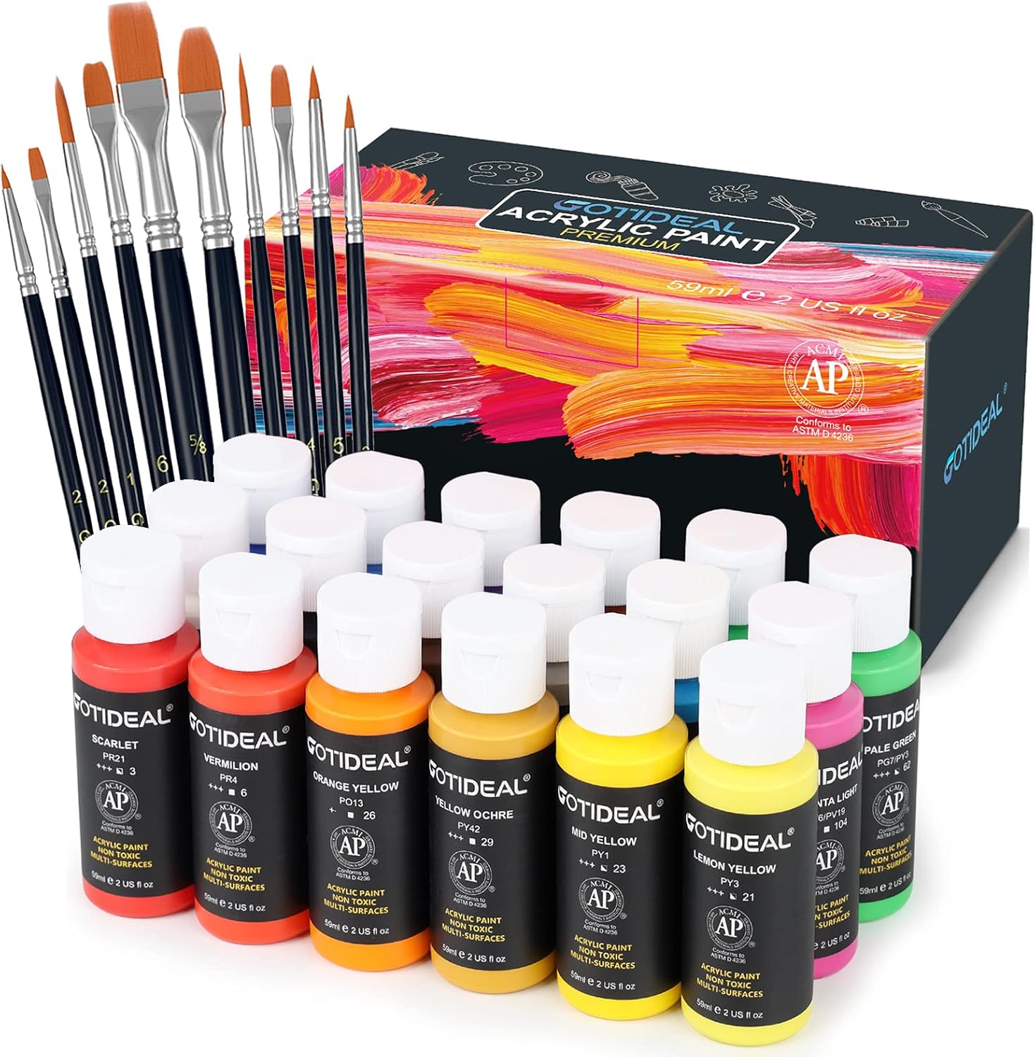 GOTIDEAL Acrylic Paint Set with 10 Brushes, 18 Colors(59ml, 2 oz) Art Craft Paint Non Toxic, Perfect for Hobby Painters, Artist, Adults, Ideal for Canvas Wood Ceramic Paint Supplies
