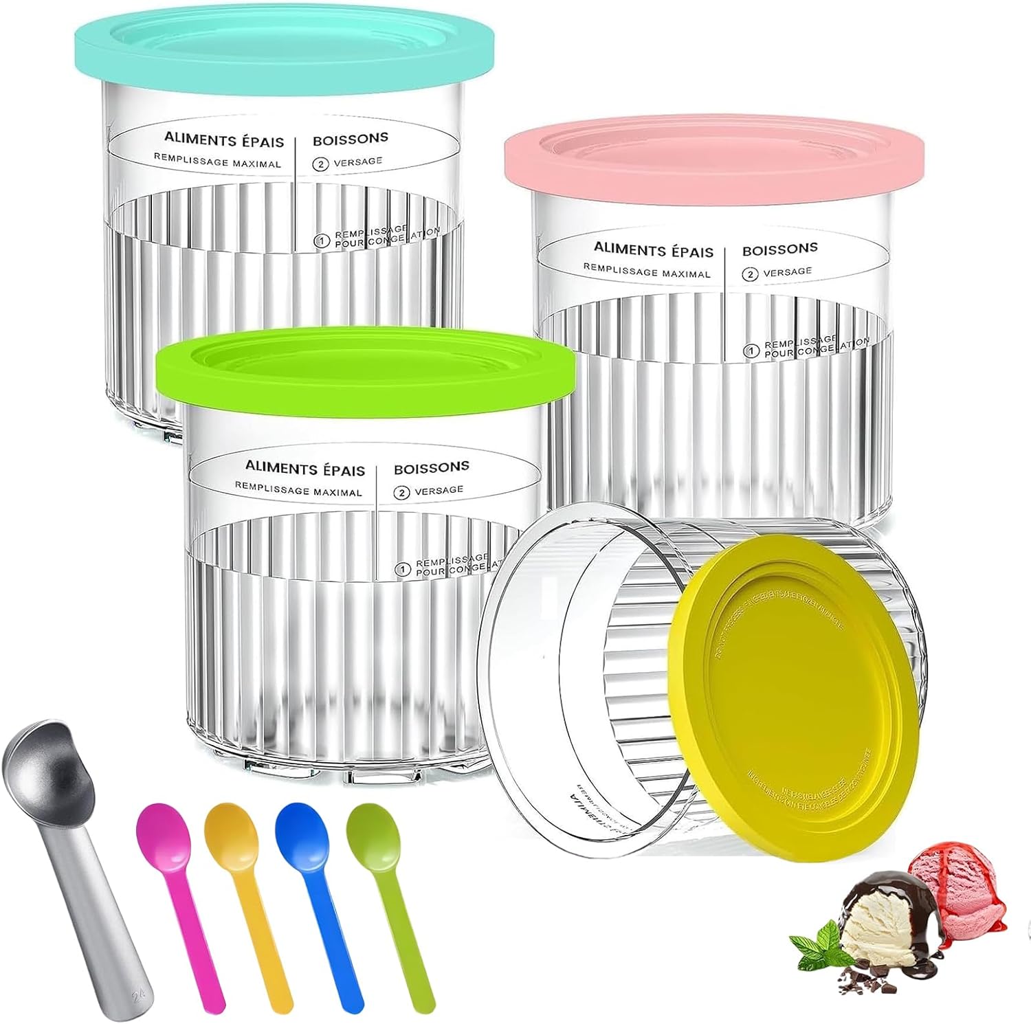 Nircho Ice Cream Tubs Compatible with Ninja CREAMi Deluxe NC500 NC501 UK Series, 4 Pcs 24oz Ice Cream Containers Reusable Contianers with Lids for Ninja Ice-lolly Maker