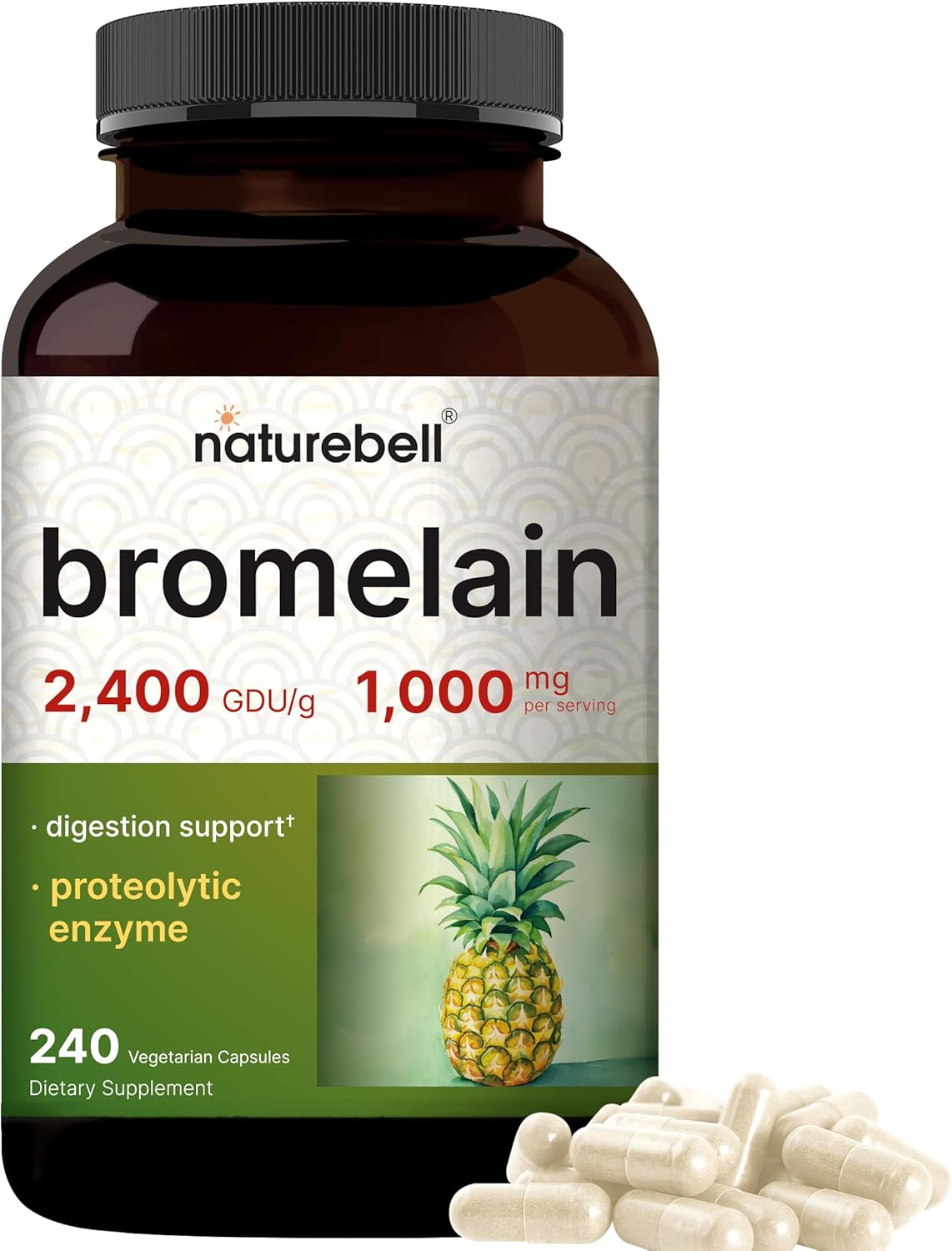NatureBell Bromelain, 1,000mg Per Serving, 240 Veggie Capsules | 2,400 GDU – Digestive Enzymes & Joint Support Supplement – Proteolytic Enzymes for Digestion, Fresh Pineapple Source – Non-GMO