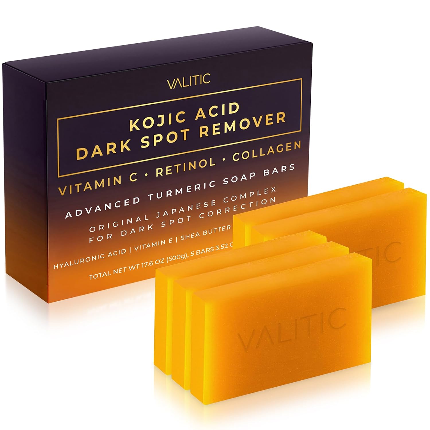 VALITIC Kojic Acid Dark Spot Remover Soap Bars, Turmeric Bar Soaps 5 Pack