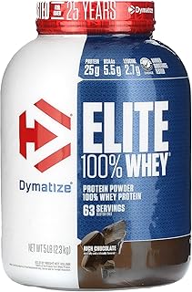 Dymatize Elite 100% Whey Protein Powder, 25g Protein, 5.5g BCAAs & 2.7 L-Leucine, Quick Absorbing & Fast Digesting for Optimal Muscle Recovery, Rich Chocolate, 5 Pound, 63 Servings