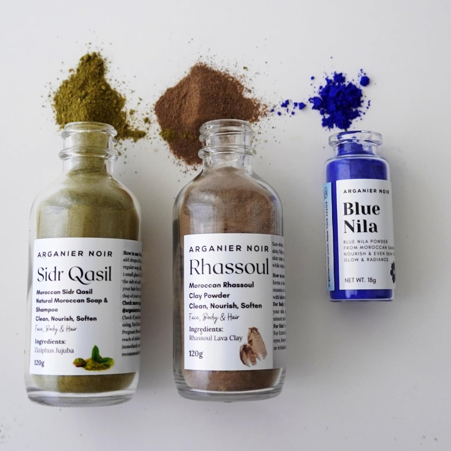 Arganier Noir Moroccan Ancient Beauty Rituals Set of 3 most used skin care in Morocco for centuries Ghassoul Clay, Moroccan Nila Powder and Qasil Sidr for Skin and Hair.