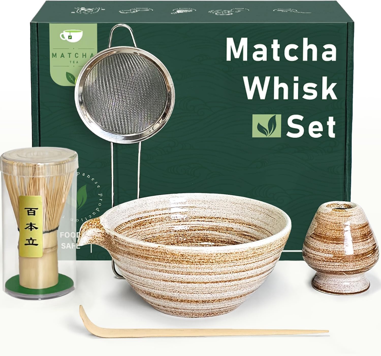 Matcha Whisk Set with Matcha Bowl, Matcha Whisk Holder Matcha Bamboo Whisk, Scoop, Sifter, Unique Gifts for Women Men Girl Friend Home Kitchen Decor Gifts for Tea Enthusiasts Christmas