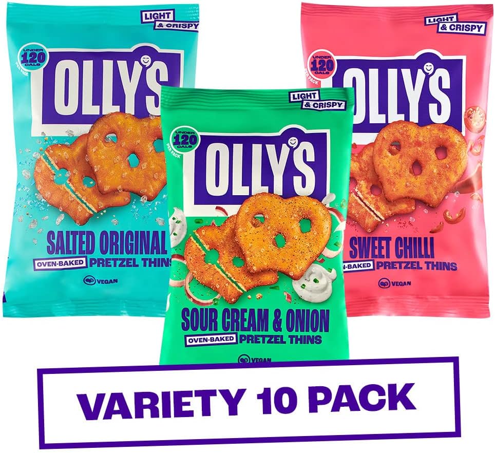 Olly's Pretzel Thins, Mixed Variety Pack, 35g (Pack of 10), x3 Sour Cream, x3 Sweet Chilli & x4 Original Salted, Low Calorie Snacks, Low Fat, Source of Fibre, No Preservatives