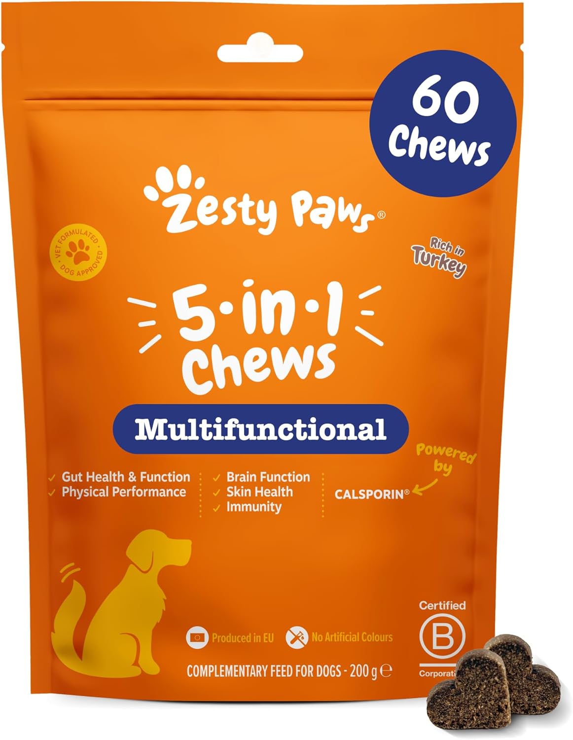 Zesty Paws 5-in-1 Chews | Multivitamin Chews Dogs | Maintain Gut, Skin & Immune Health | Support Physical Performance | Vitamins A, B3, B5 | Niacinamide | Biotin | Rich in Turkey | 60 Pcs