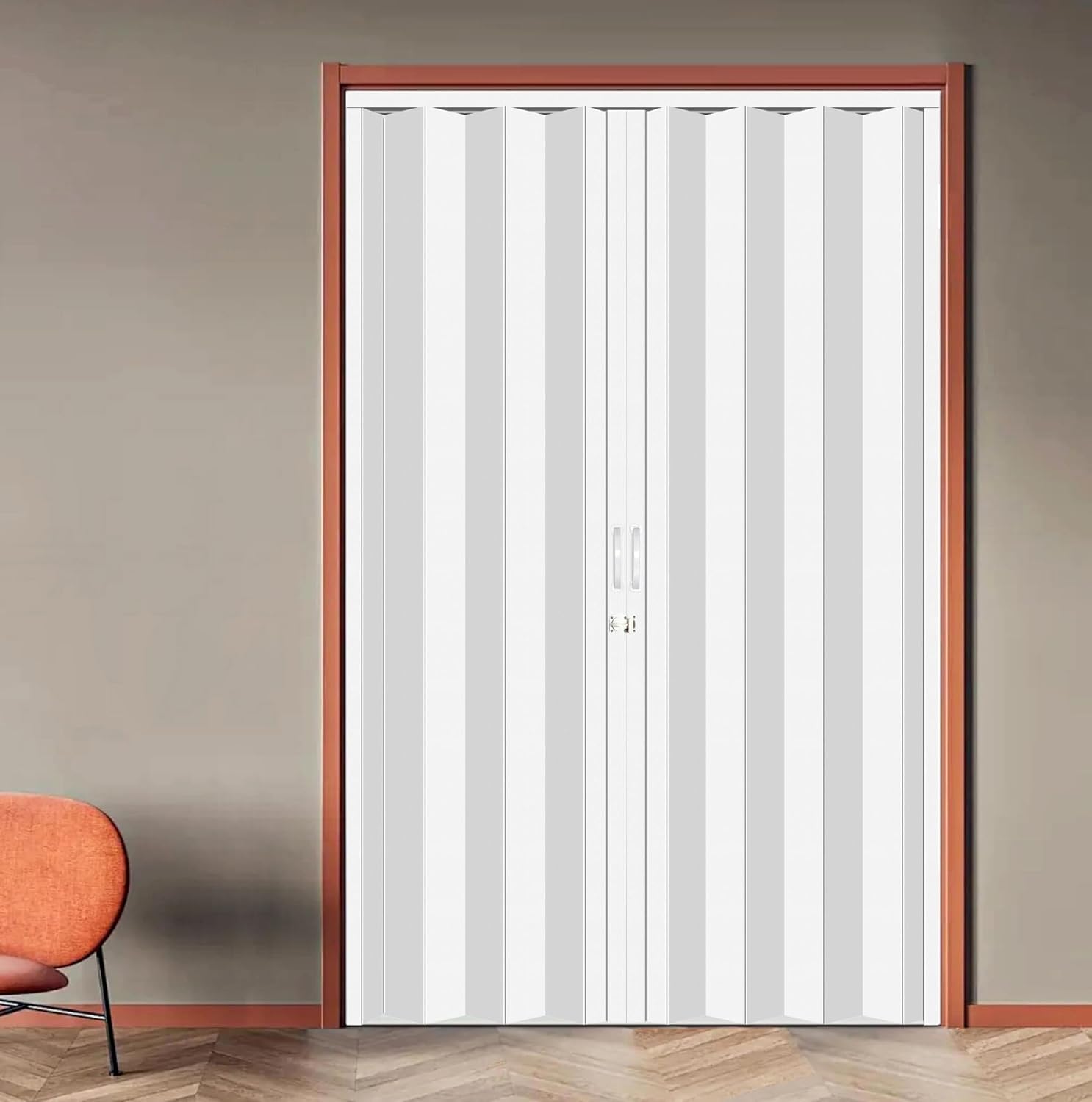 DIYHD 60X80in White Interior PVC Accordion Door,Bifold Closet Door,Includes Mounting Hardware,Handle,Latch, Close Middle
