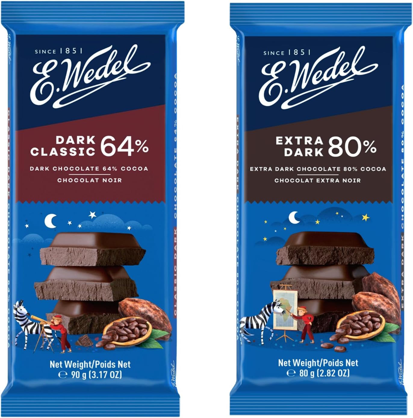 E.Wedel Dark Chocolate (12 Bar Bundle), 6 x 64% Dark Chocolate 90g, 6 x 80% Extra Dark Chocolate 80g, Chocolate Bars Multipack,