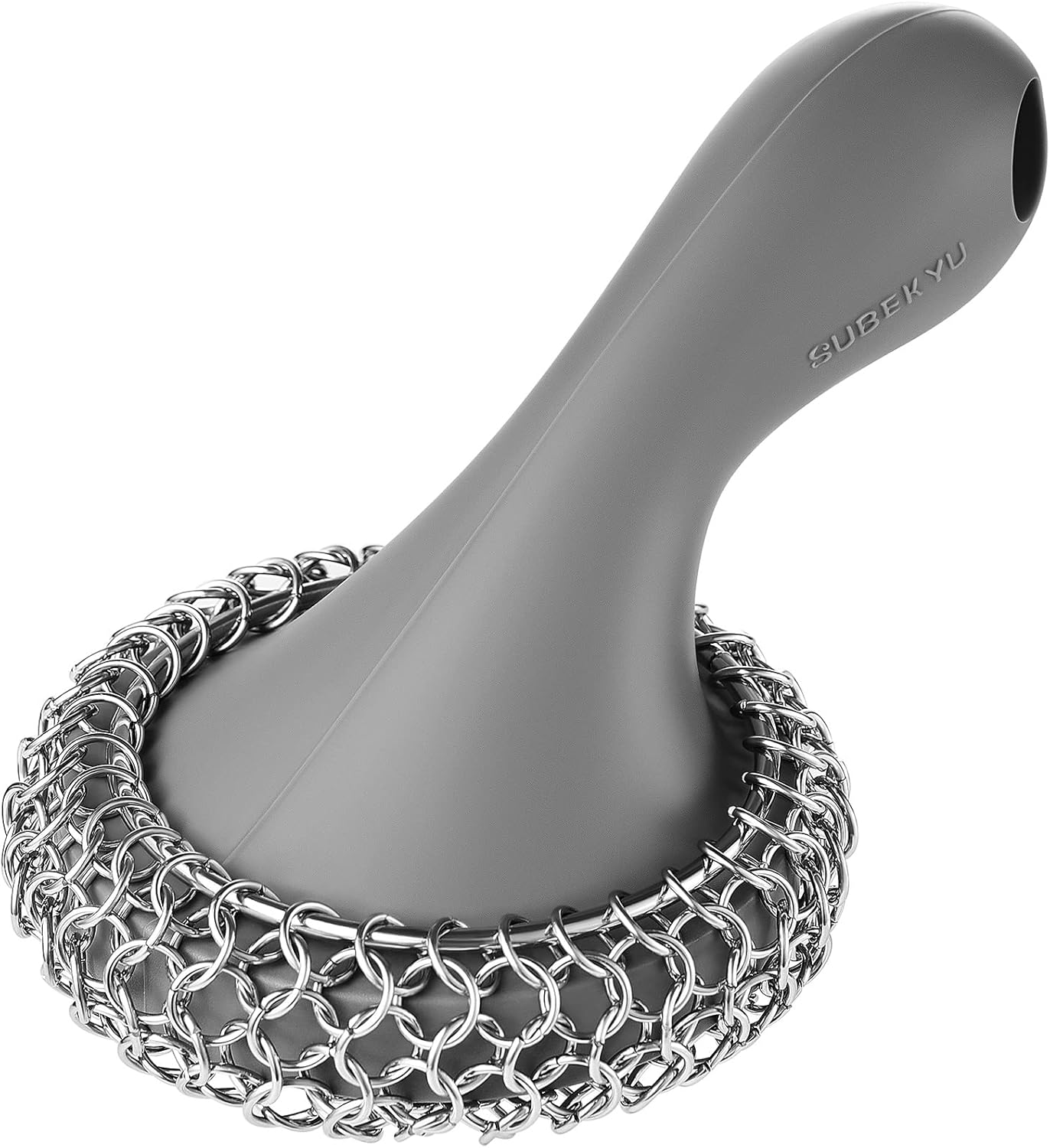 SUBEKYU Cast Iron Scrubber with Silicone Handle, Stainless Steel Cast Iron Skillet Cleaner Chainmail Scrubber for Cast Iron Pans, Grey