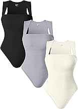 OQQ 3 Piece Bodysuits For Women Sexy Ribbed Strappy Square Neck Stretch Tank Tops Bodysuits