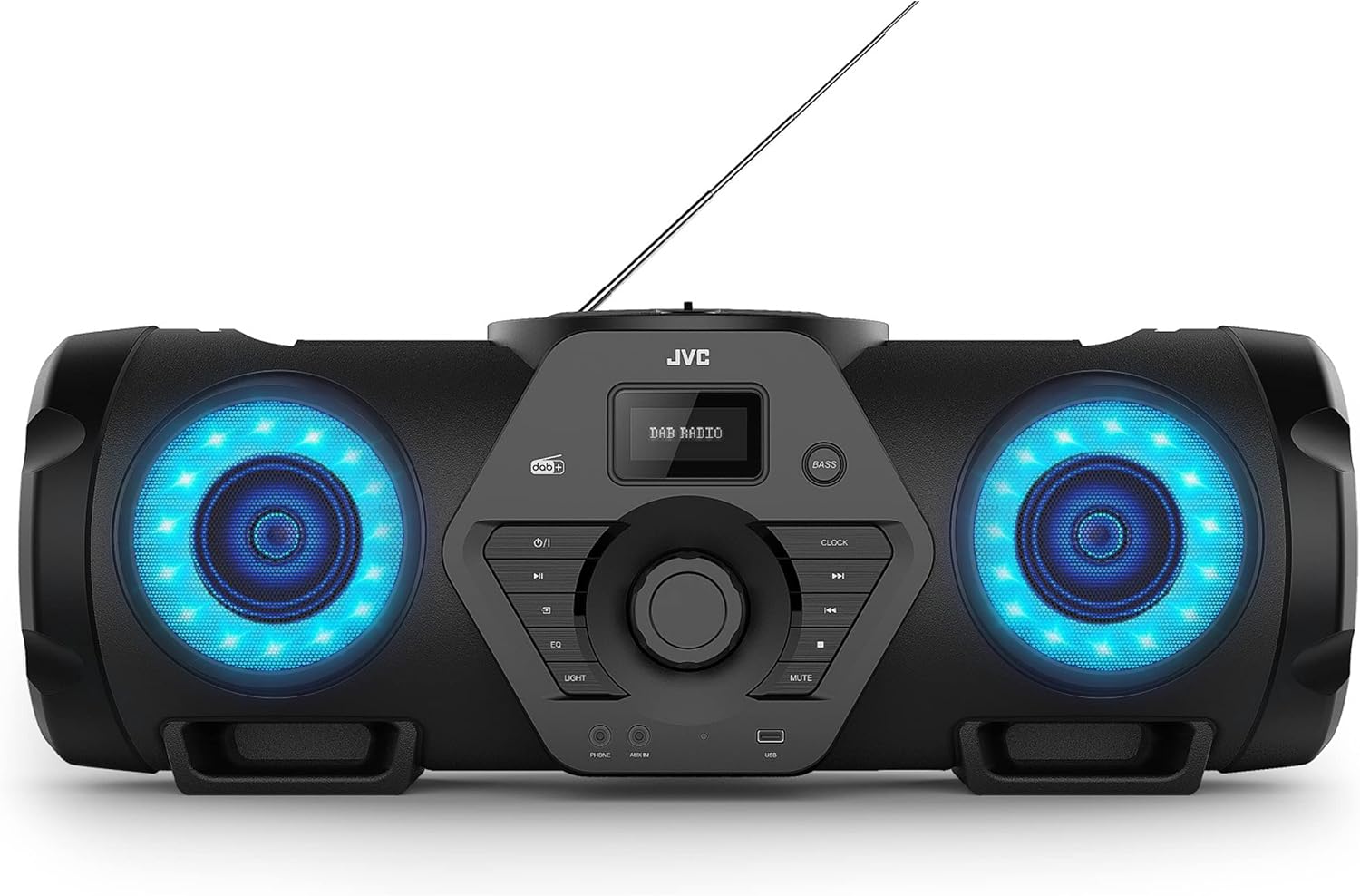 JVC RV-NB300DAB Boombox DAB Radio, Bluetooth, USB & CD Speaker System, Microphone/Guitar Input, Powerful Amplifier and Subwoofers (Black)
