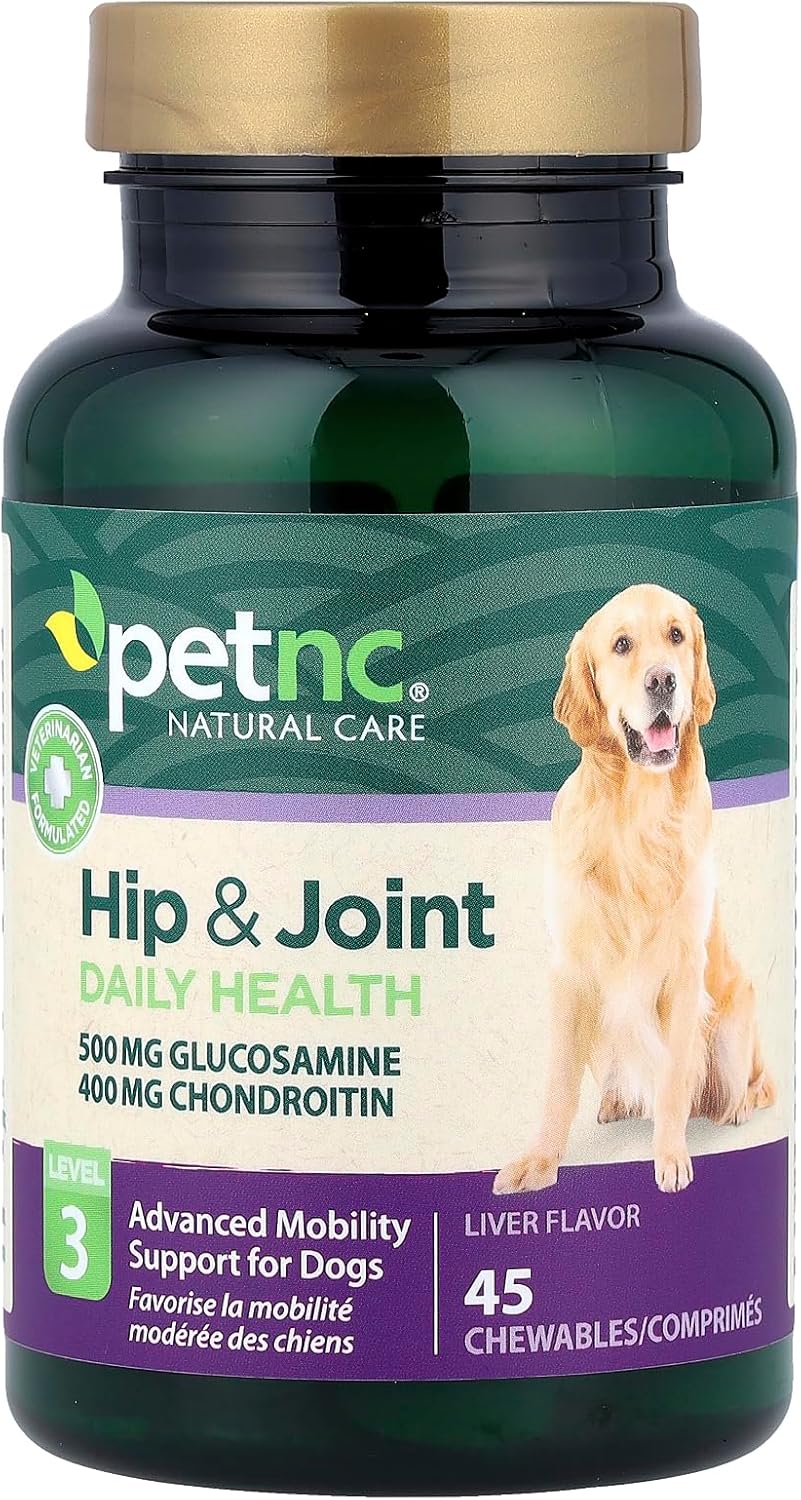Petnc Natural Care Level-3 Hip & Joint Health Supplement for Adult Dogs (45 Count), 500mg Glucosamine, 400mg Chondroitin, 50mg MSM, & 6mg Hyaluronic Acid, Includes Vitamin C & Manganese, Liver Flavor