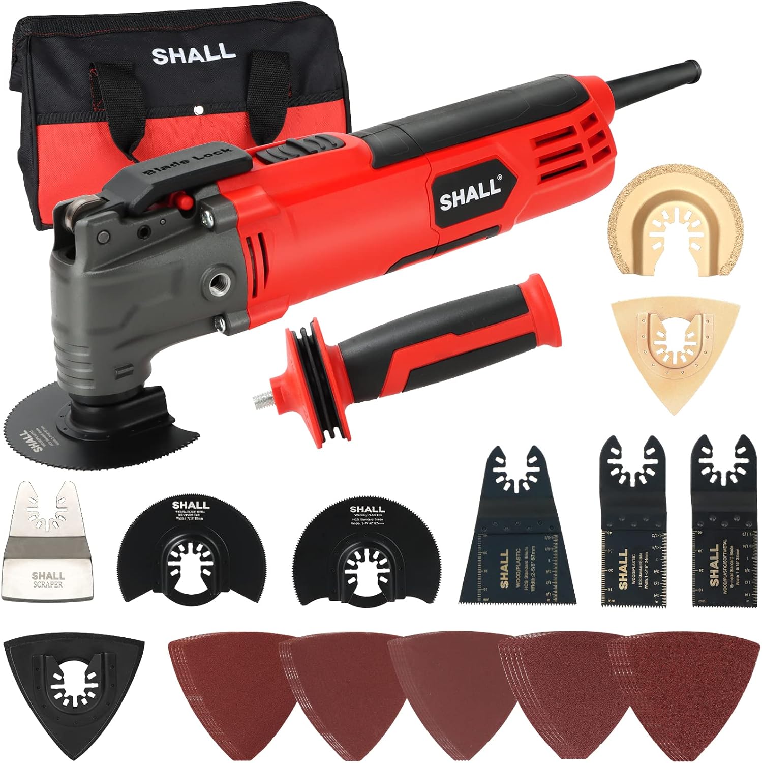 SHALL Oscillating Tool, 500W Oscillating Multitool Kit with 5° Oscillation Angle, Quick Change & Kickback Protection, 6 Variable Speeds, Auxiliary Handle, 34Pcs Saw Accessories and Carry Bag Included