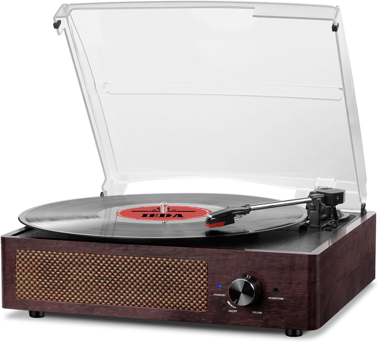 Vinyl Record Player Bluetooth Belt-DriveTurntable with Built-in Speakers, RCA Line Out AUX in Headphone Jack,3-Speed,Brown