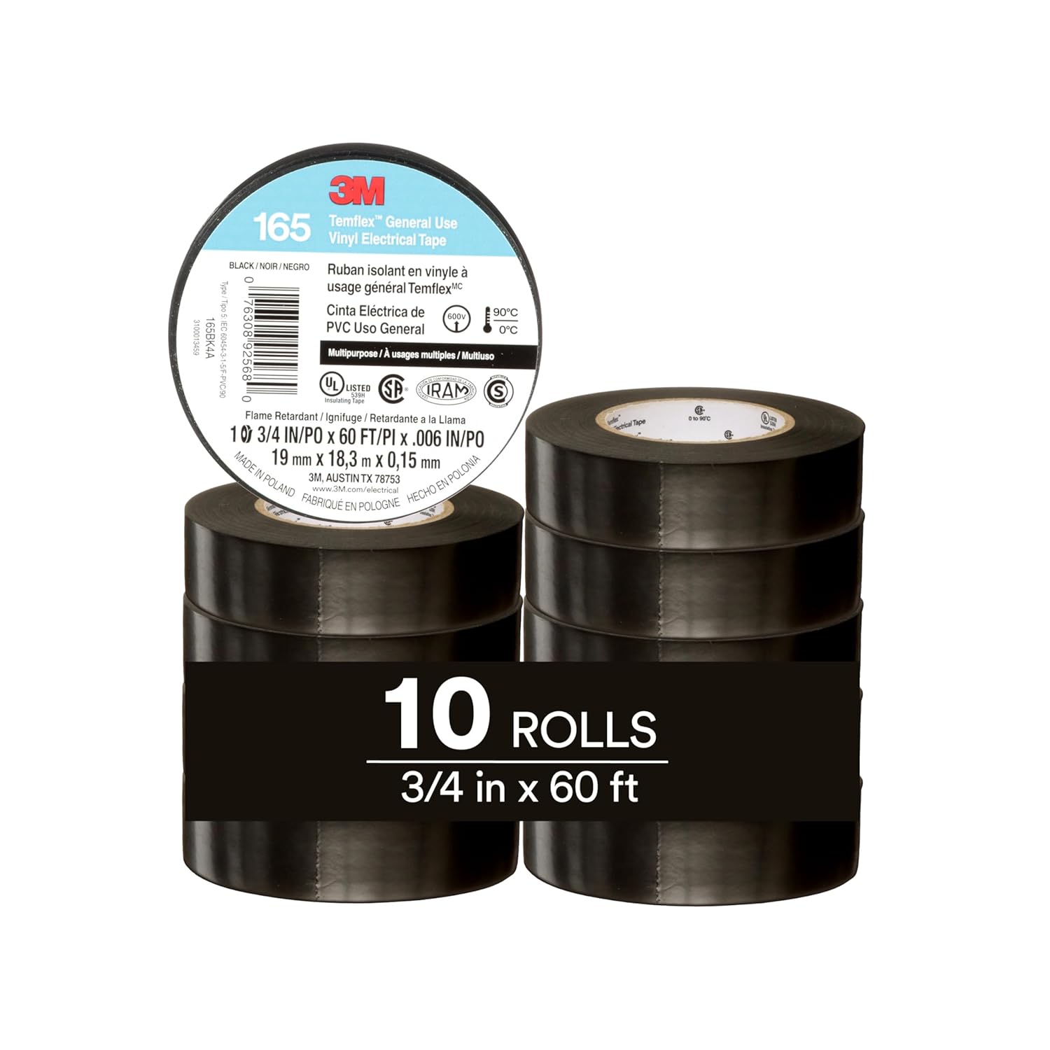 3M Temflex Multi-Purpose Vinyl Electrical Tape 165, Black, 3/4 in x 60 ft (19 mm x 18 m), 10 Roll Pack