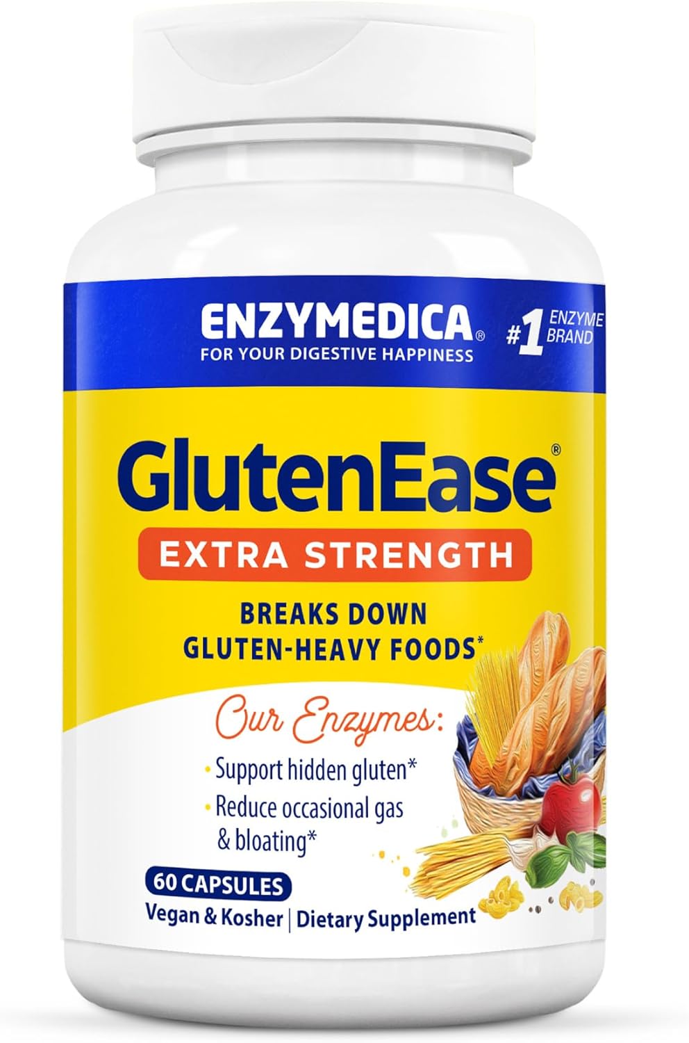 Enzymedica, GlutenEase Extra Strength, Maximum Potency Digestive Enzymes, Supports Gluten & Casein Intolerance, 60 Count