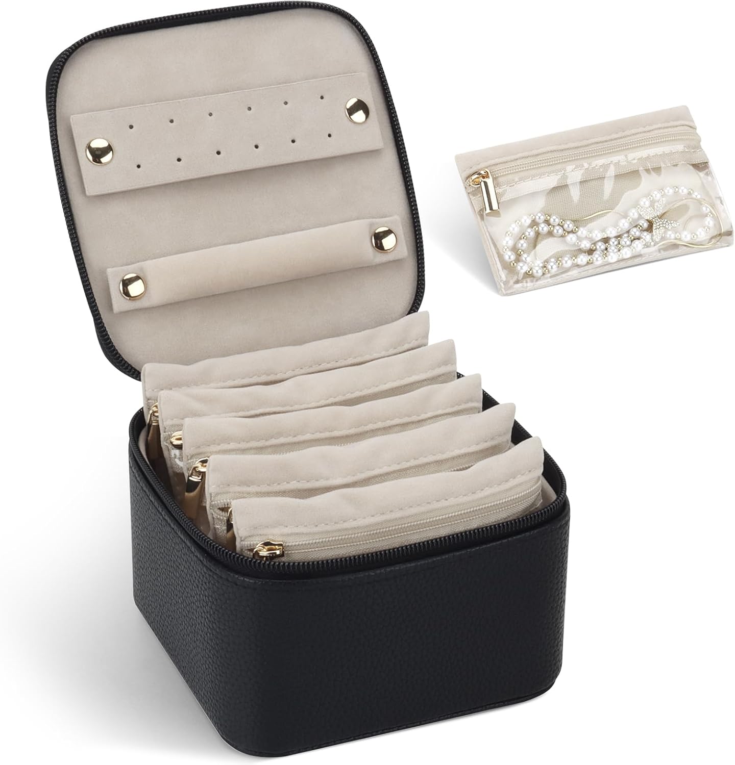 DesignSter Small Travel Jewellery Box Organizer, Lychee Grain PU Portable Jewelry Case with 6 Velvet Jewellery Transparent Pockets, Jewellery Storage for Earrings, Rings, Black