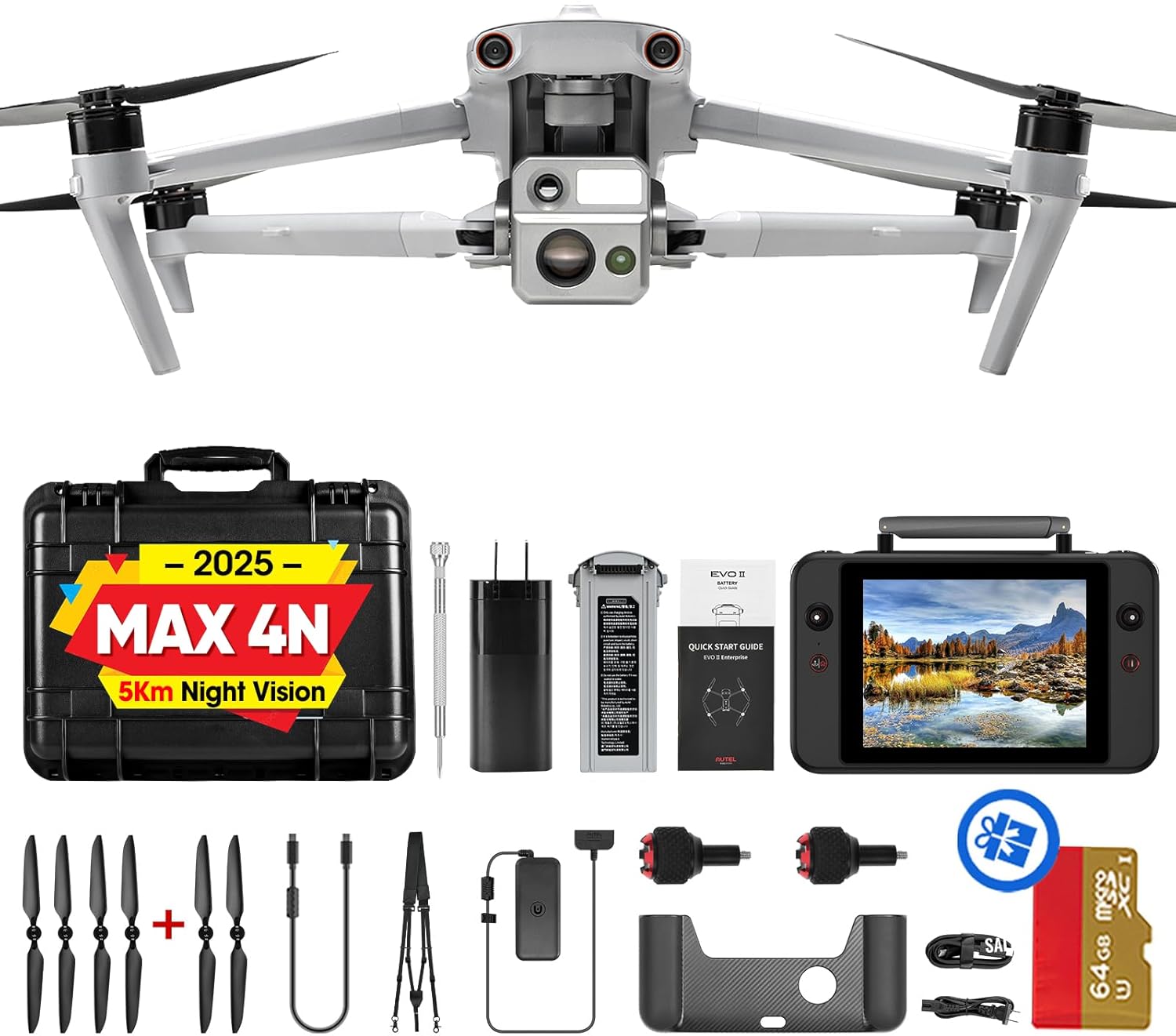 Autel Robotics EVO MAX 4N Drone, Starlight Night-Vision/ Wide/ Thermal/ L~aser 4 Cameras in One UAV, Upgrade of MAX 4T XE, 5KM Night Vision Observation, A-Mesh 1.0, 720° Obstacle Avoidance, Triple Anti-Jamming, Hot-Swappable, 42 Mins, IP43, Autel SDK
