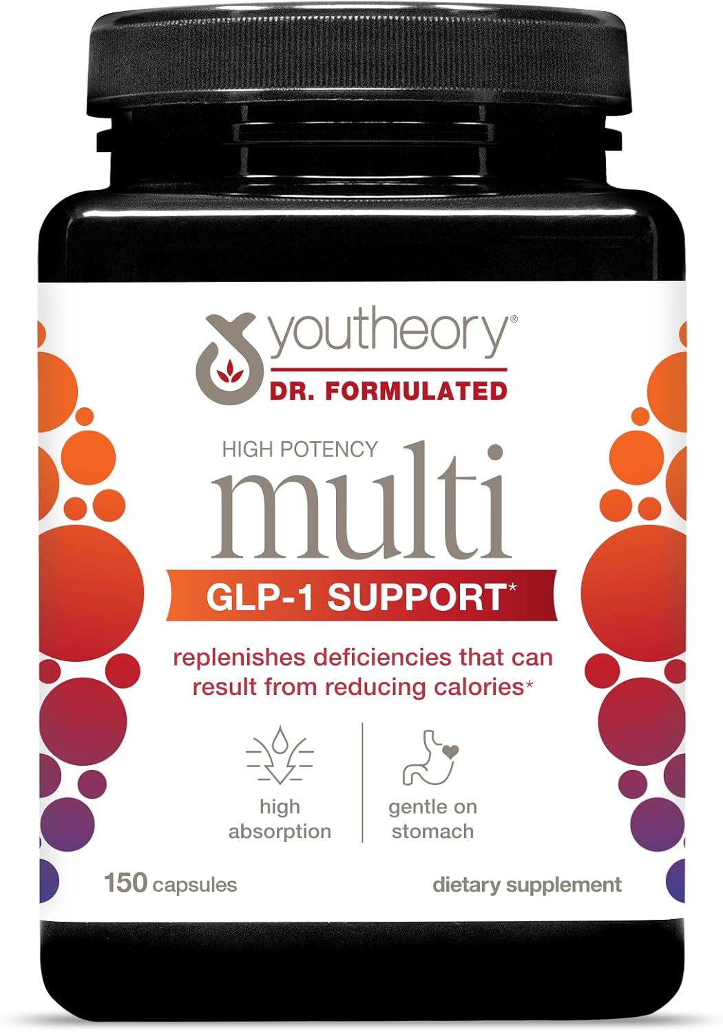 Youtheory High Potency Multi GLP-1 Support - High Absorption Multivitamins - for Immune Support & Bone Health - Gentle on Stomach - Vitamin D, C, Iron & More - 150 Vegetarian Capsules
