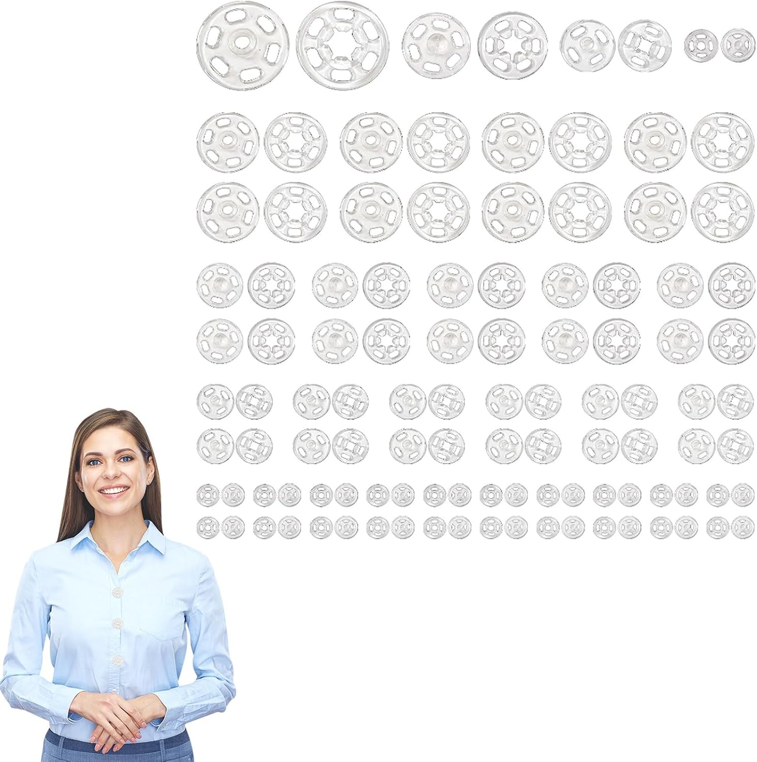 100 Sets Plastic Snap Fasteners - Sew-on Snap Buttons & Press Studs (7 mm, 12 mm, 15 mm, 21 mm) for Purse, Handbag, Clothing & Craft Supplies