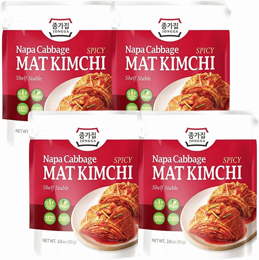 Chongga [Jongga] Napa Cabbage Kimchi, Shelf-Stable, Authentic Korean Fermented Kimchi, Ready-to-Eat, 80g Single-Serve Pack GLUTEN FREE VEGAN (Pack of 4)
