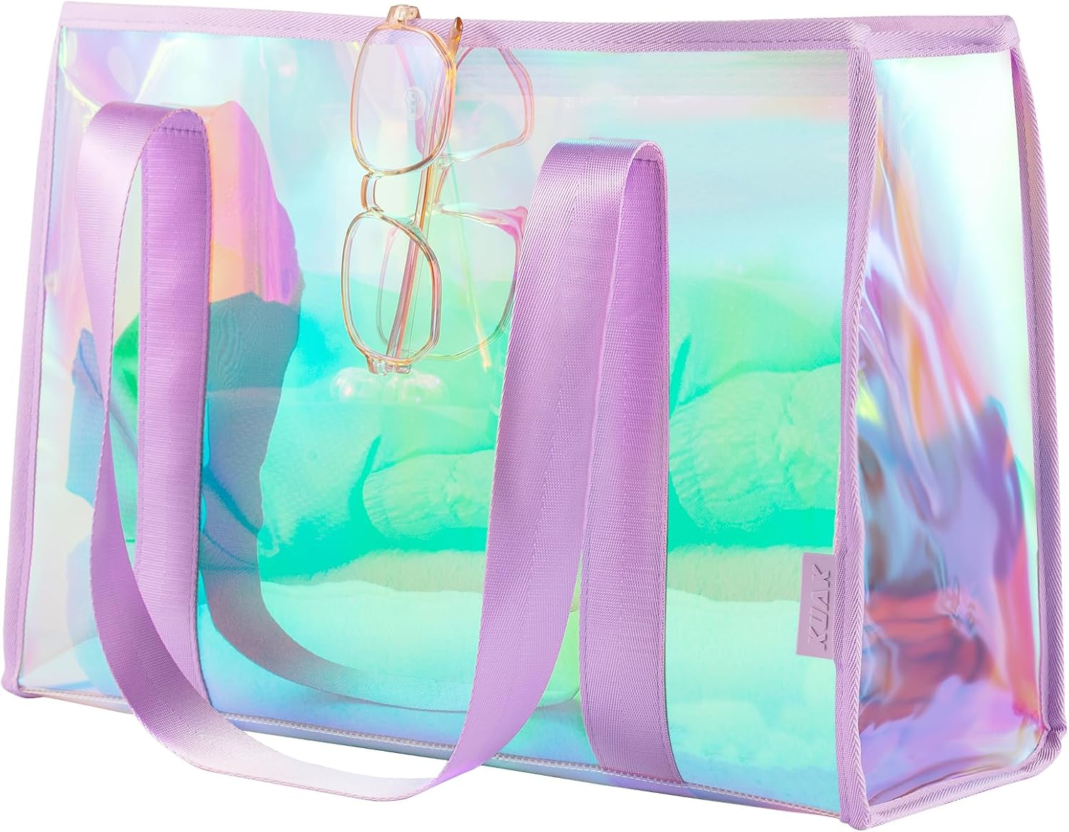 KUAK Large Beach Bag for Women Waterproof Sandproof Tip-Proof Beach Tote Iridescent Bag with Waterproof Pocket for Pool