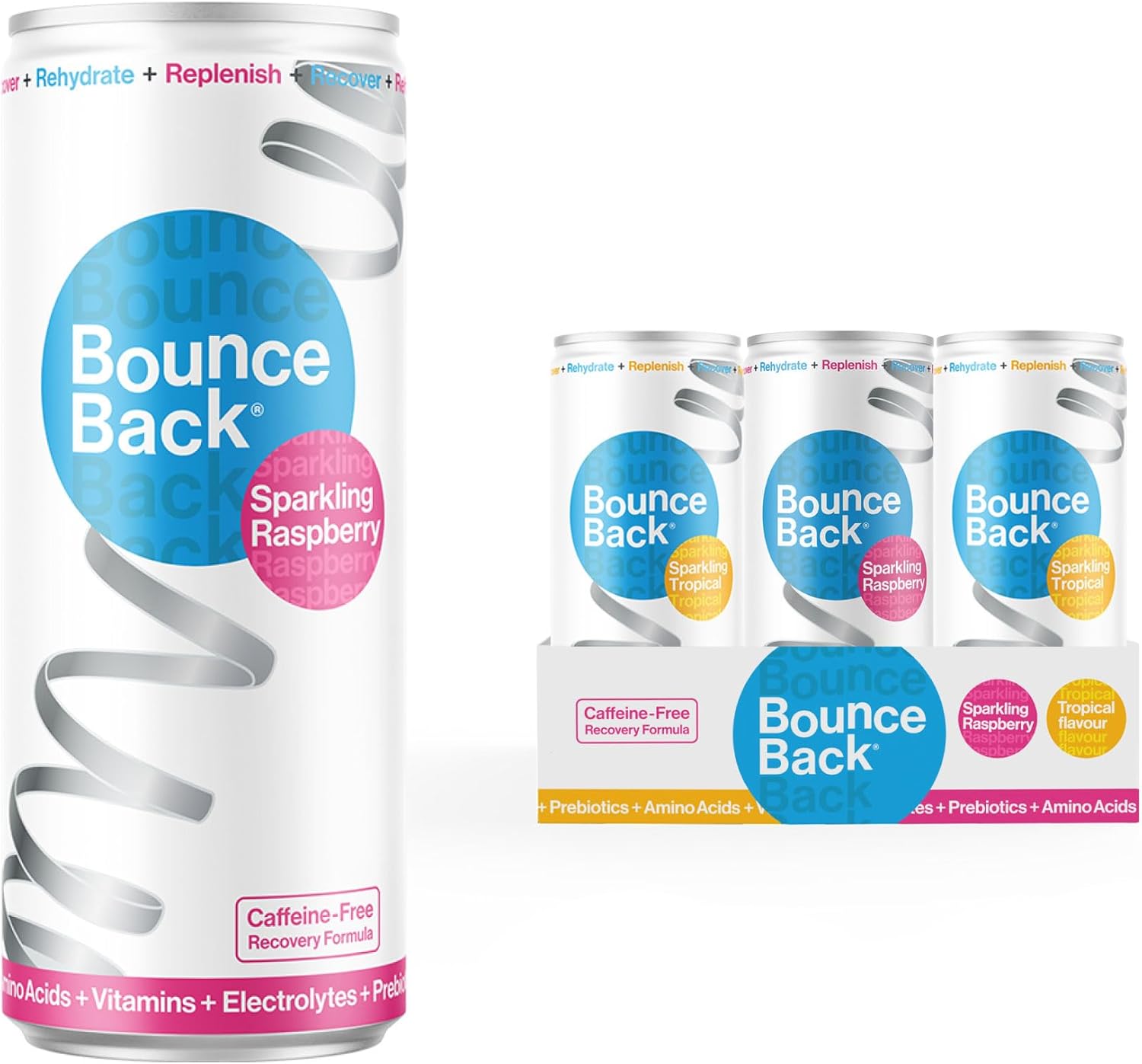Bounce Back Caffeine-Free Hydration Drink | Vegan Drink with B12 | Low-Calorie Sparkling Drink (Mixed Tropical + Raspberry Flavours - 12 x 250ml Cans)
