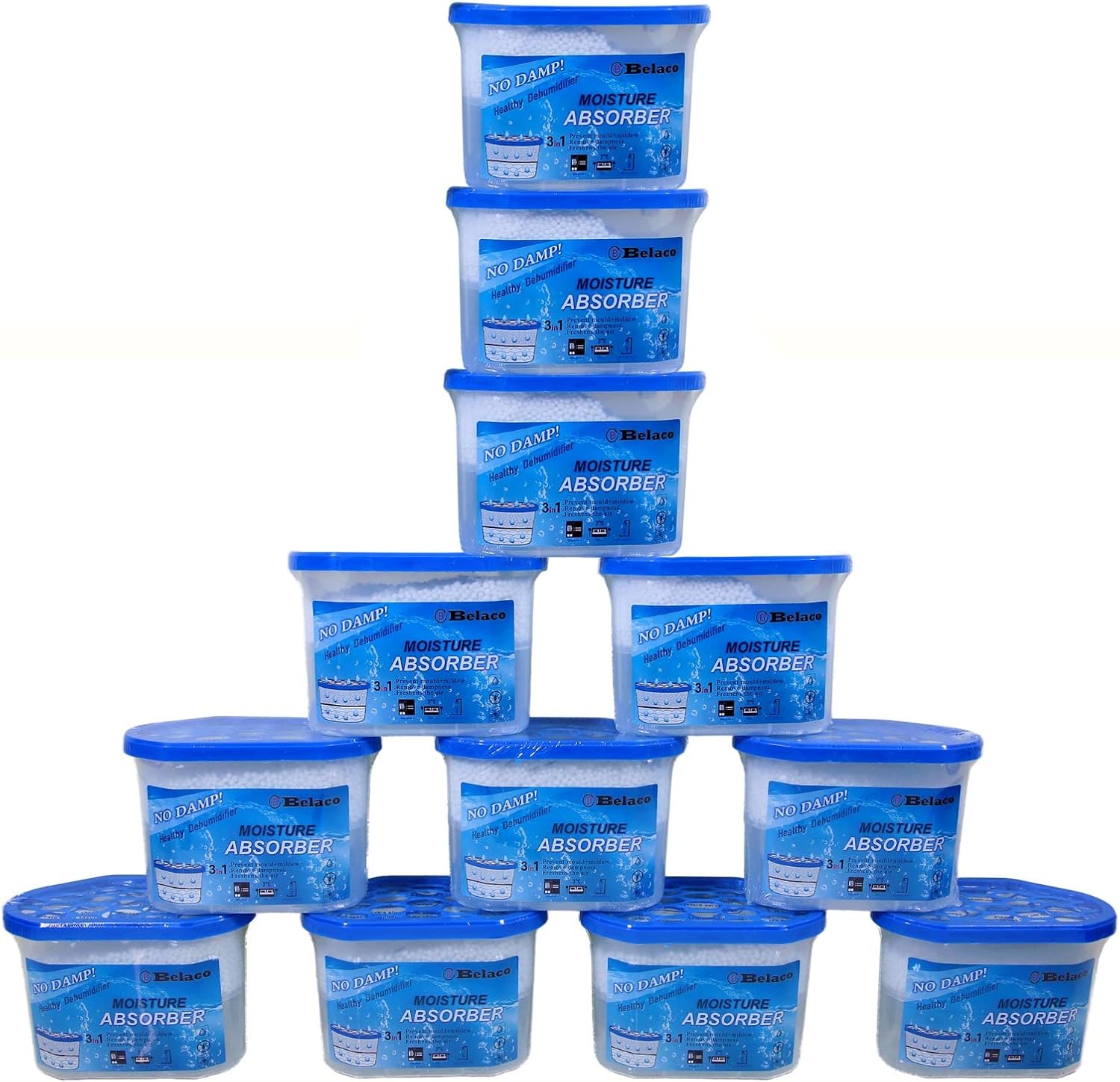 Belaco Dehumidifier Pack of 12x 500ml Prevent Mould & Mildew, Eliminating Musty Odor, Remove Dampness, Absorb Excess Mositure in Home, Kitchen, Bathroom, Bedroom, Wardrobe, Caravan, Office, Basement