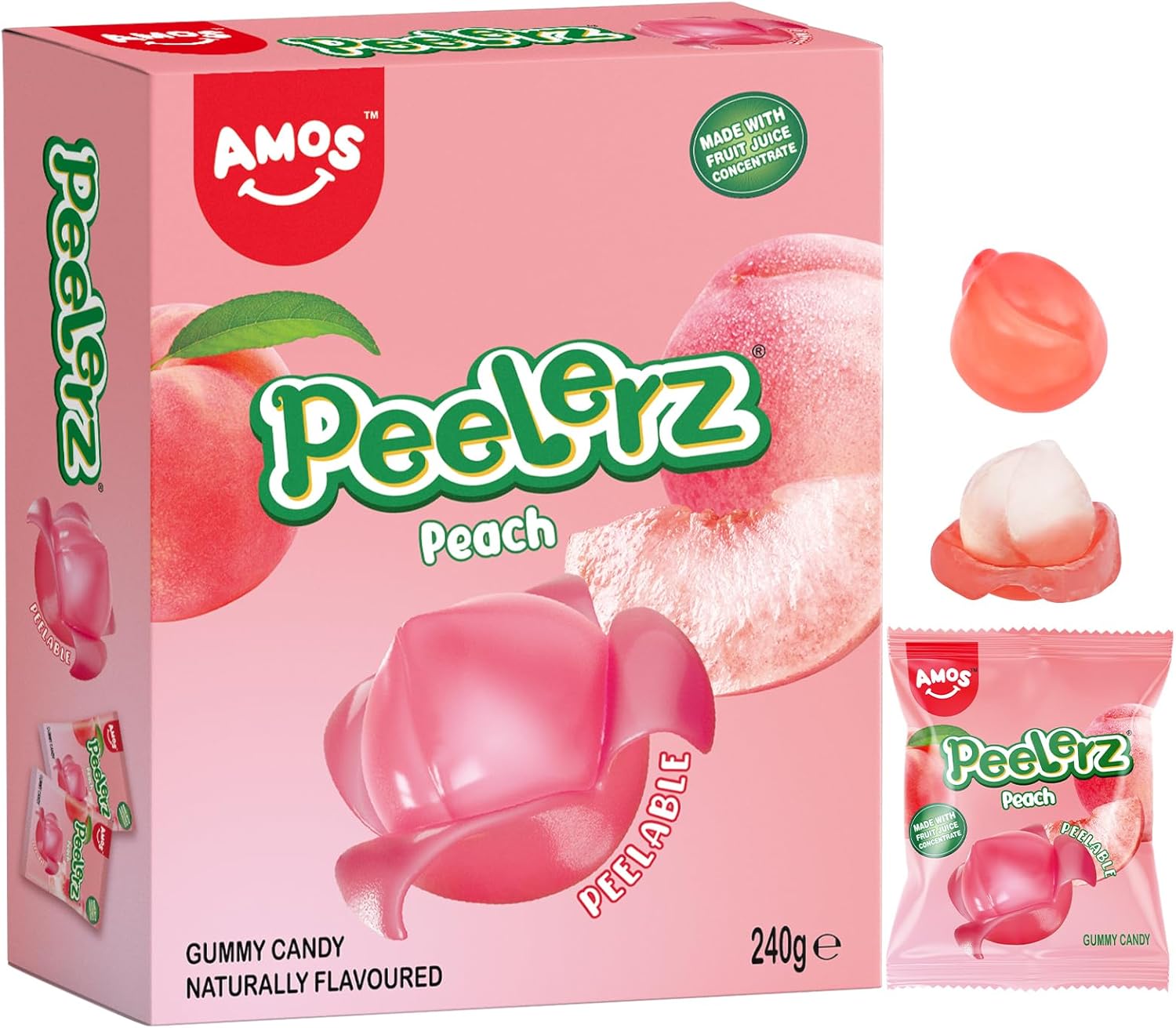AMOS Peelerz Gummy Sweets, Peach Peelable Sweets Candy, 3D Fun Peeling Fruit Gums Candy, Made with Real Fruit Juice Chews Snacks Sweet for Party Celebration- Box Package 240G