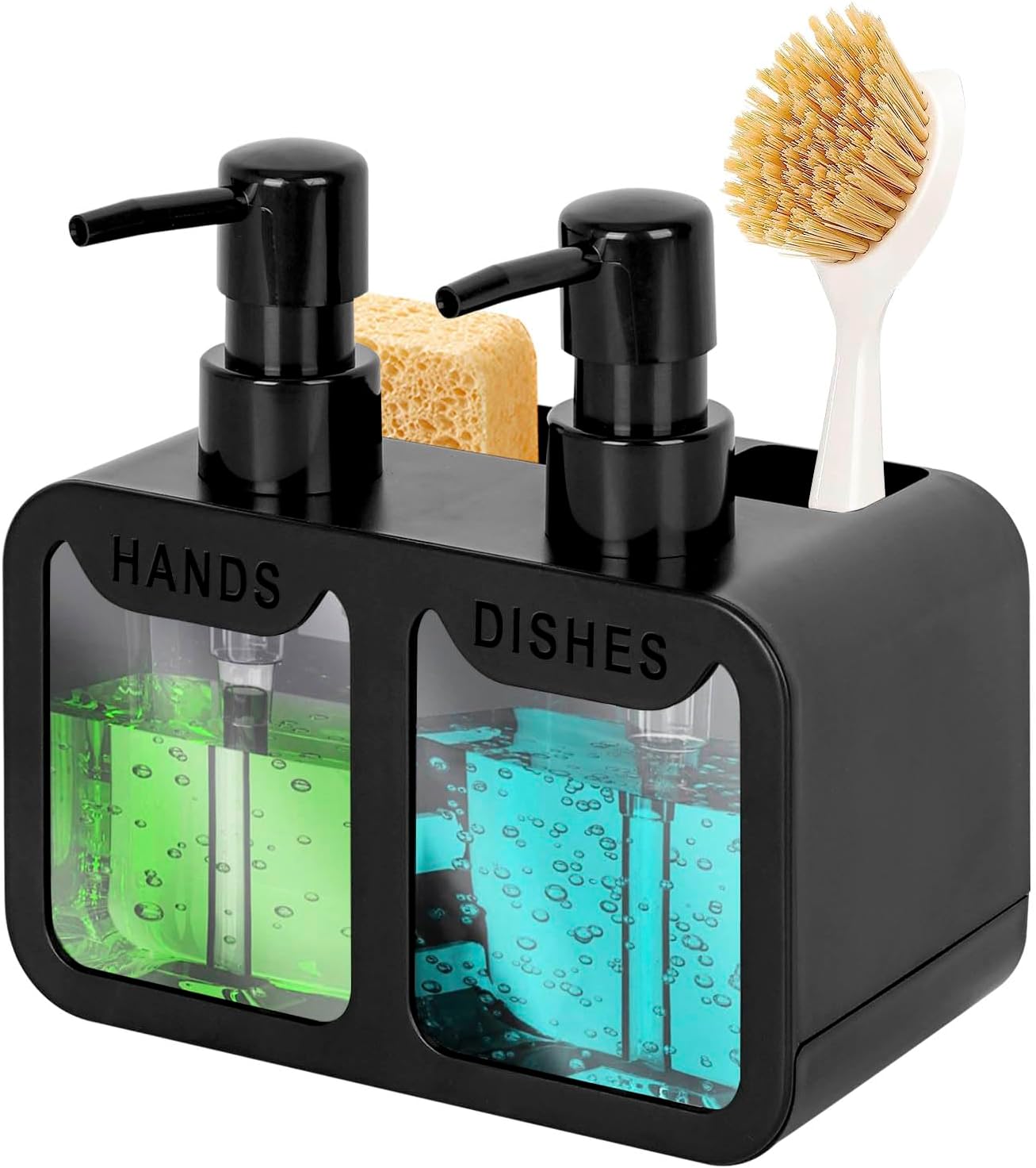 Kitchen Soap Dispenser,Hand and Dish Soap Dispenser and Spong Caddy with Brush Holder,3 in 1 Countertop Organizer for Kitchen Sink(Black)