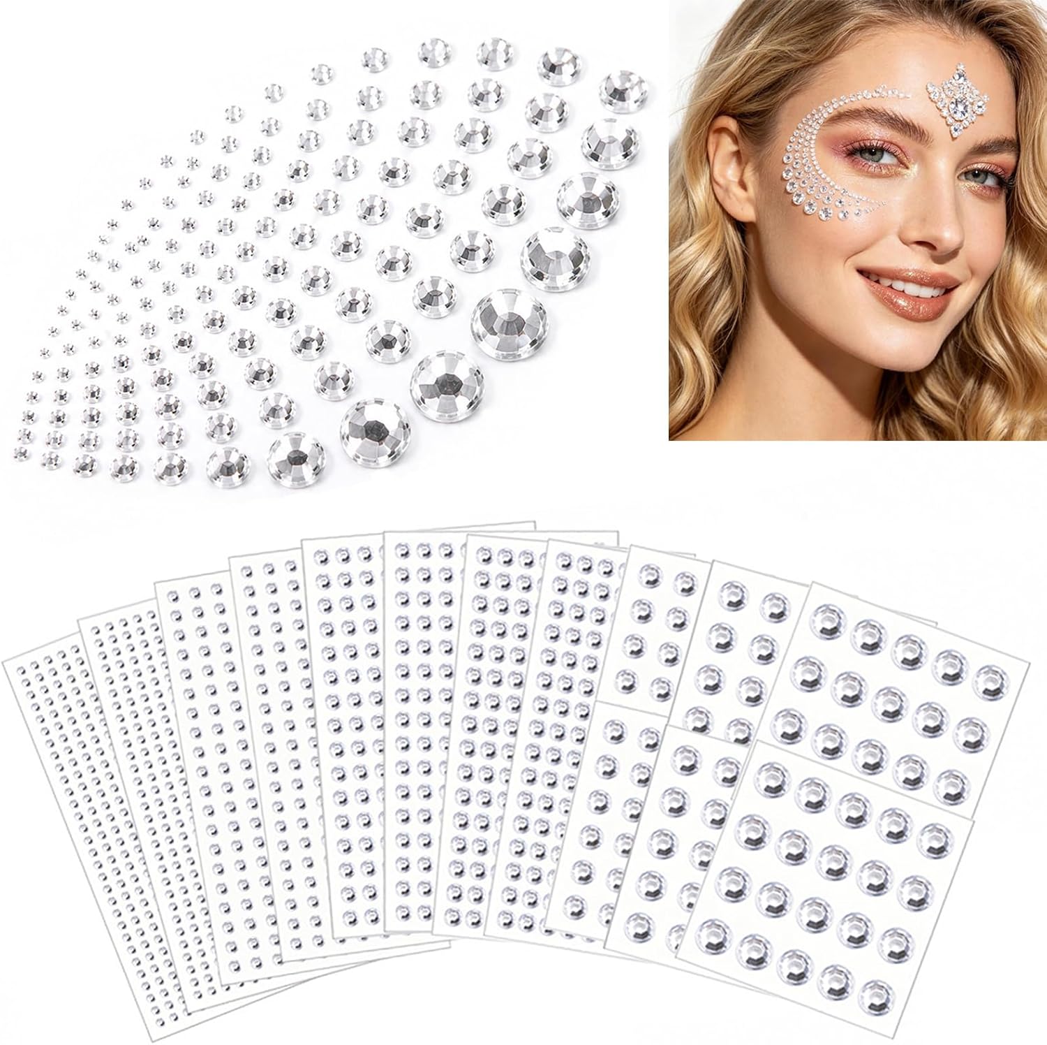 Face Gems Stickers, 2102pcs Self-Adhesive White Hair Rhinestones