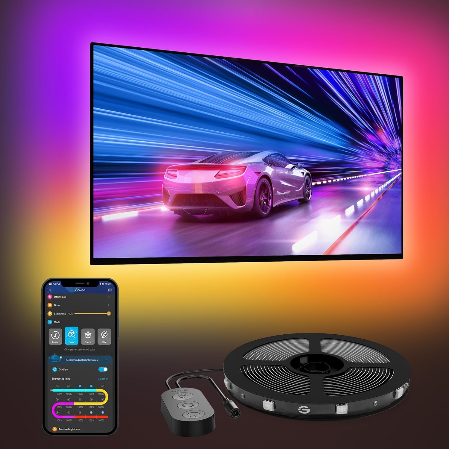 Govee LED TV Backlight, 2.4M RGBIC Backlight for 40-50 inch TV, Smart LED Strip with Bluetooth Wi-Fi and App Control, Works with Alexa and Google Assistant, Music Sync, 76 Profiles